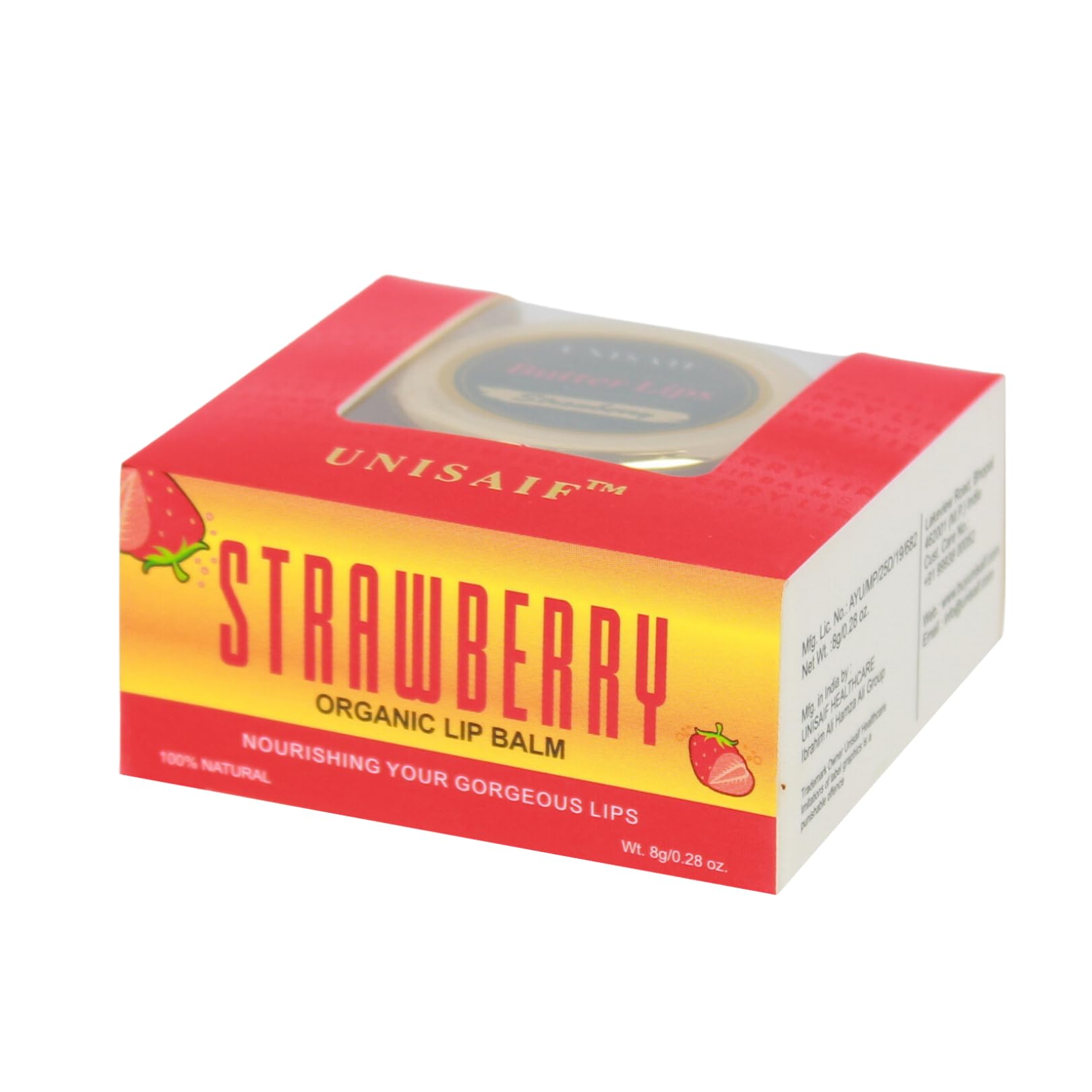 Organic Strawberry Lip Balm - 100% Natural, Mineral Oil Free for Soft & Hydrated Lips | Nourishing Lip Care with Shea Butter & Vitamin E | Perfect for Dry, Chapped Lips in Winter & Daily Use (8g)