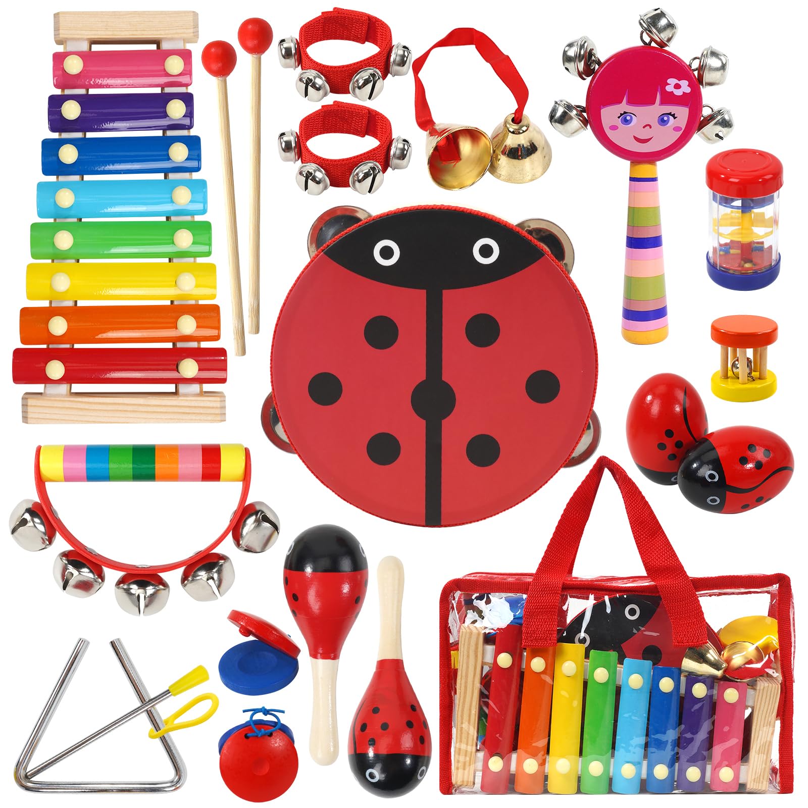 Raimy Kids Wooden Percussion Musical Instruments Set - Educational Toddler Music Toys for Boys & Girls with Carrying Bag (Red) | Preschool Learning, Birthday Gift & Early Childhood Development