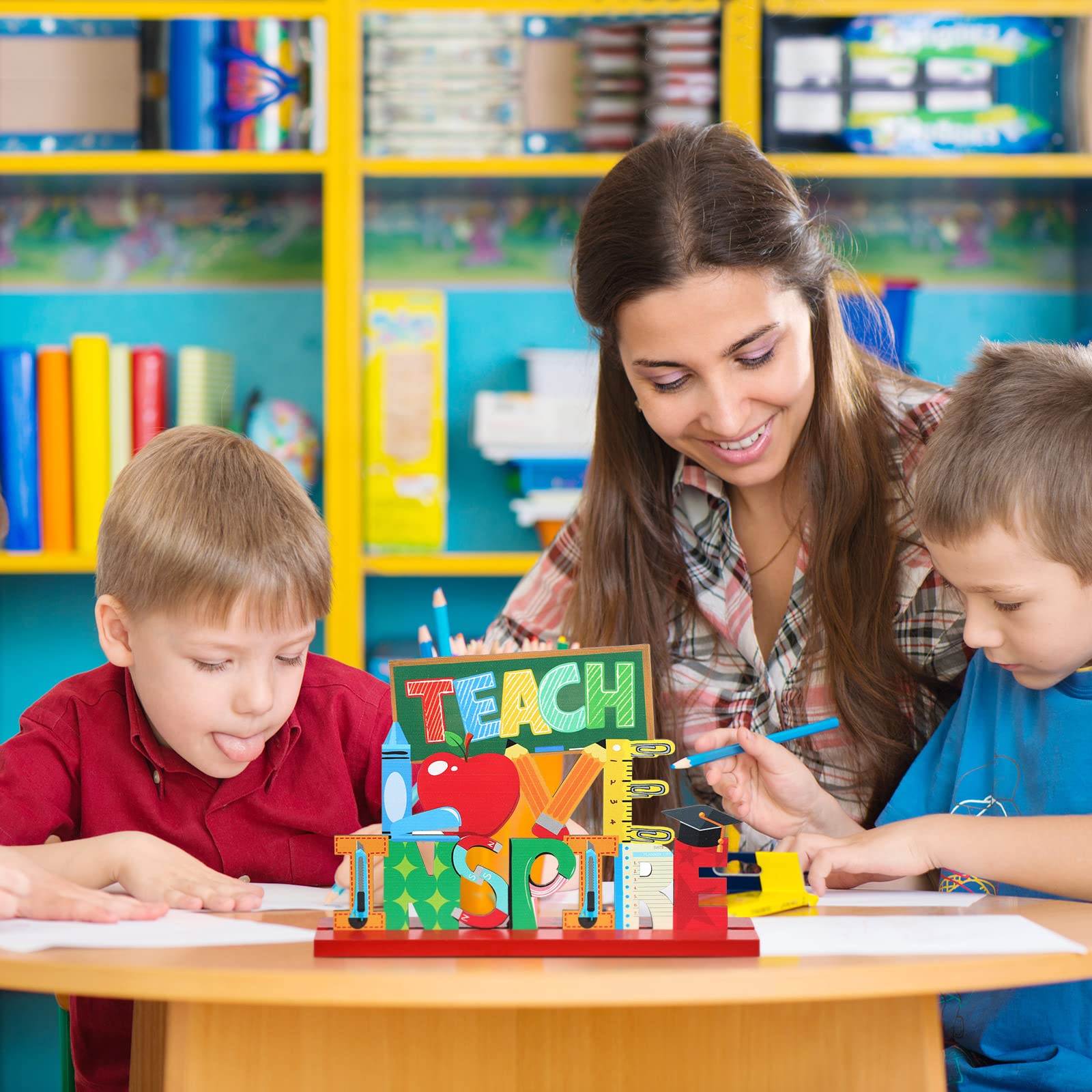 4Pcs Wooden Teacher Appreciation Gifts - Best Teacher Ever Decor for Classroom & Home