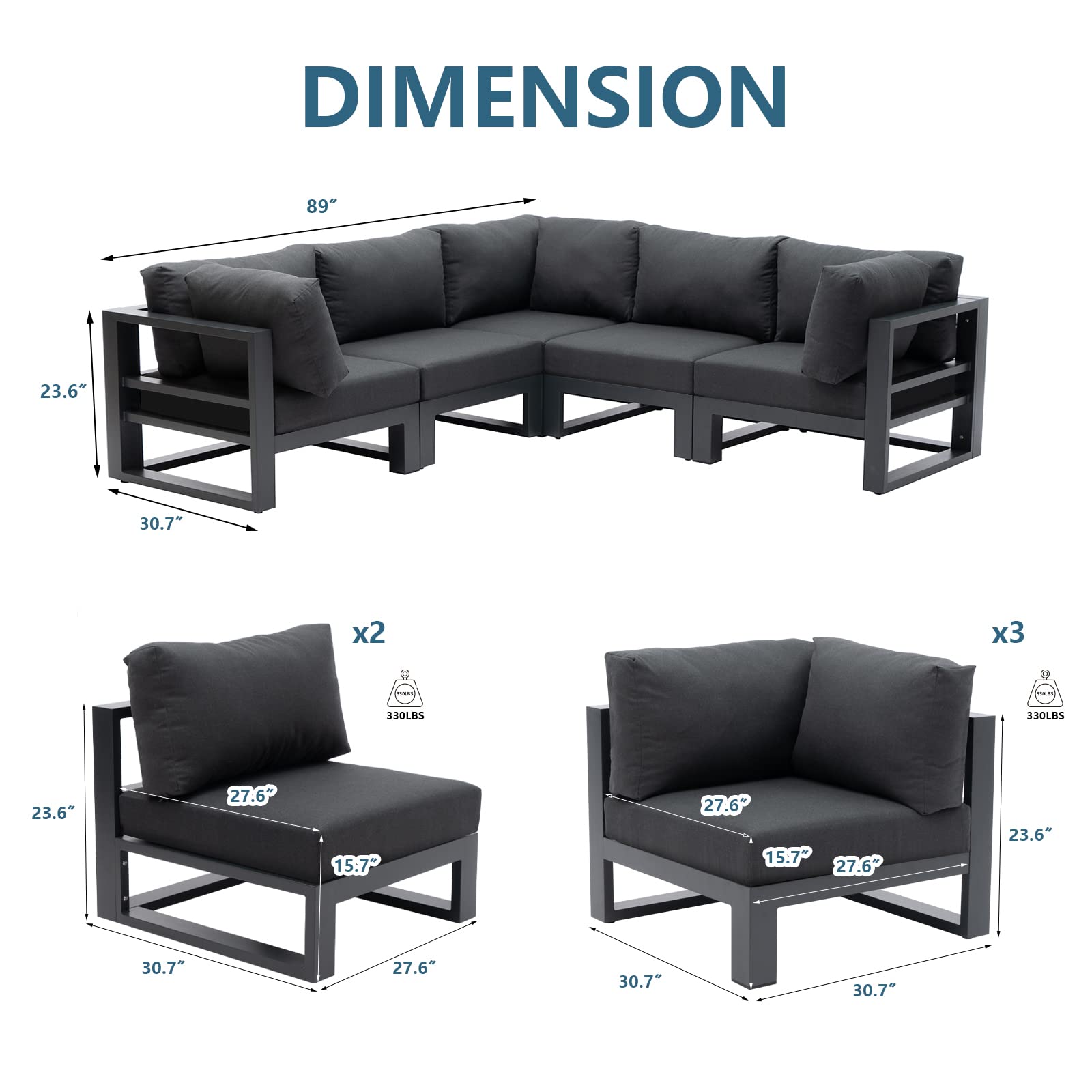 5-Piece Outdoor Patio Furniture Set - All-Weather Aluminum Sectional Sofa with Dark Grey Cushions - Perfect for Backyard, Garden, Poolside & Deck Relaxation