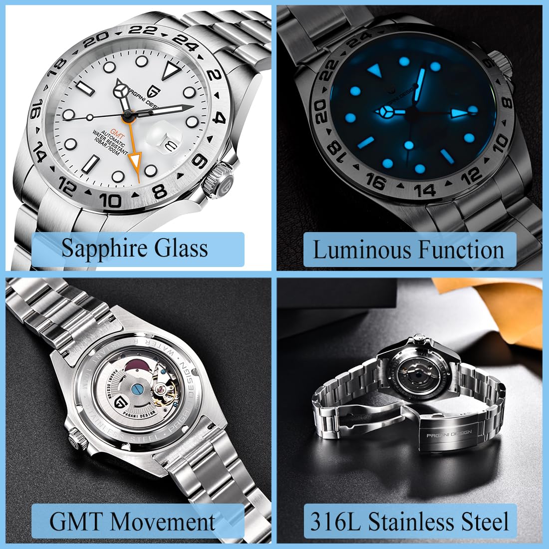 Pagani Design Men's Automatic GMT Watch - 42mm Stainless Steel Case, Sapphire Crystal, Waterproof & Luminous - Sport Wristwatch for Business, Travel & Outdoor Activities