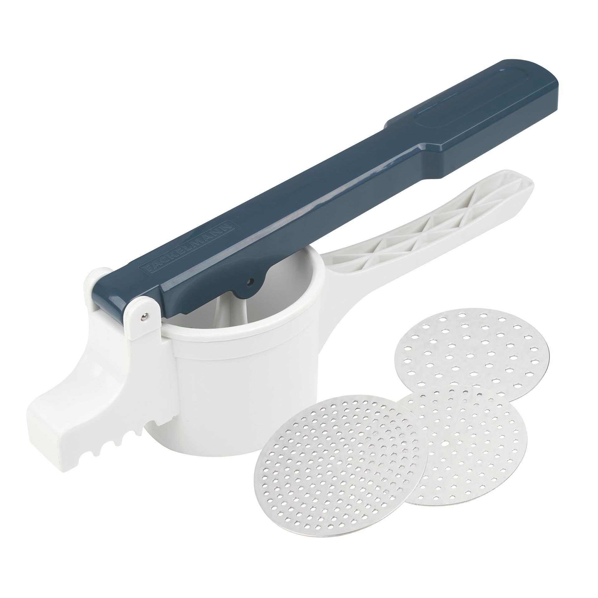 Stainless Steel & Plastic Potato Press - Easy to Use, 35x9x12.5cm (White/Blue/Silver) - Perfect for Mashed Potatoes, Baby Food & Cooking Prep