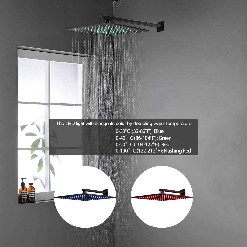 AYIVG Matte Black 12 Inch LED Square Rainfall Shower Head - Wall Mounted Brass Shower System with Adjustable Settings for Luxurious Spa Experience in Modern Bathrooms