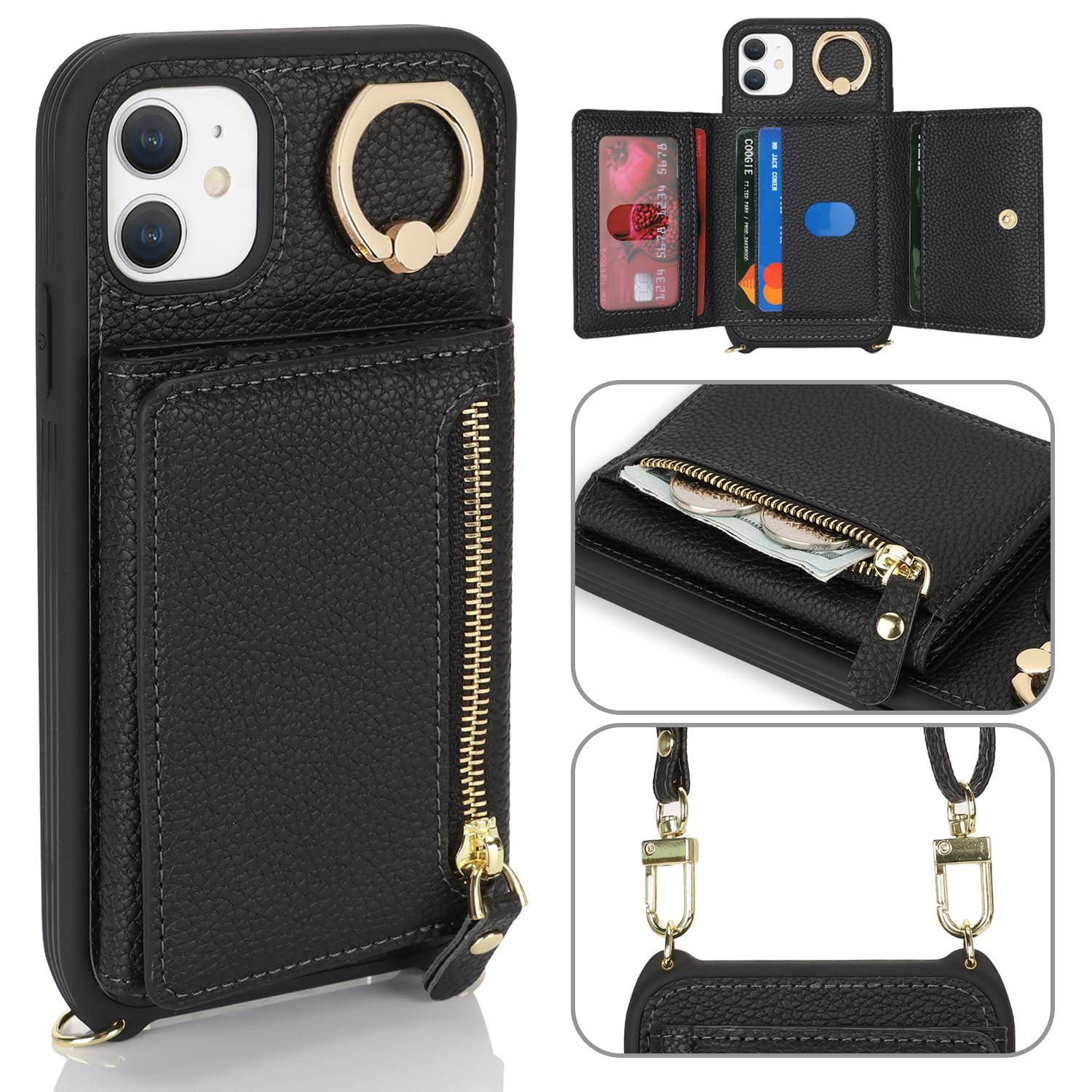 Premium Leather iPhone 11 Case with Card Holder & Crossbody Strap - Wallet Phone Case with Zipper Pocket, Stand Ring & Lanyard for Women (Black) | Perfect for Travel, Shopping & Everyday Protection