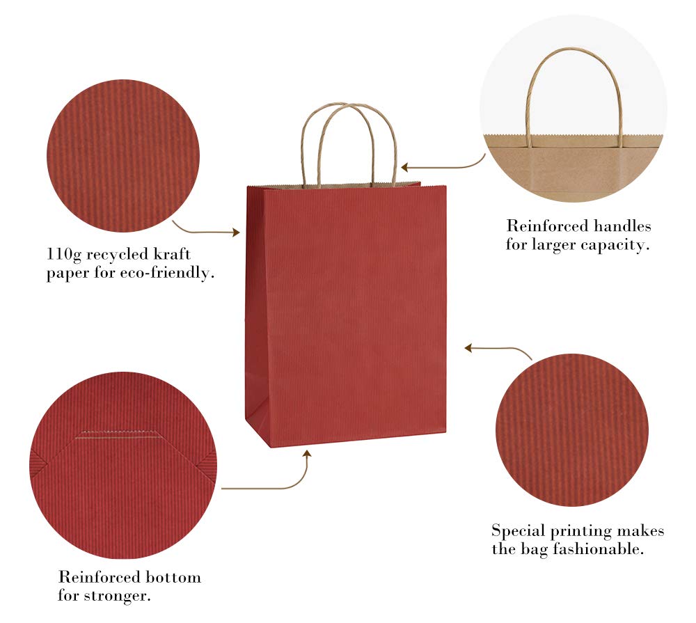 BagDream 10x5x13 Inches 50Pcs Red Stripes Kraft Paper Gift Bags with Handles - Eco-Friendly 100% Recycled Shopping, Retail & Party Bags for Merchandise, Gifts & Events