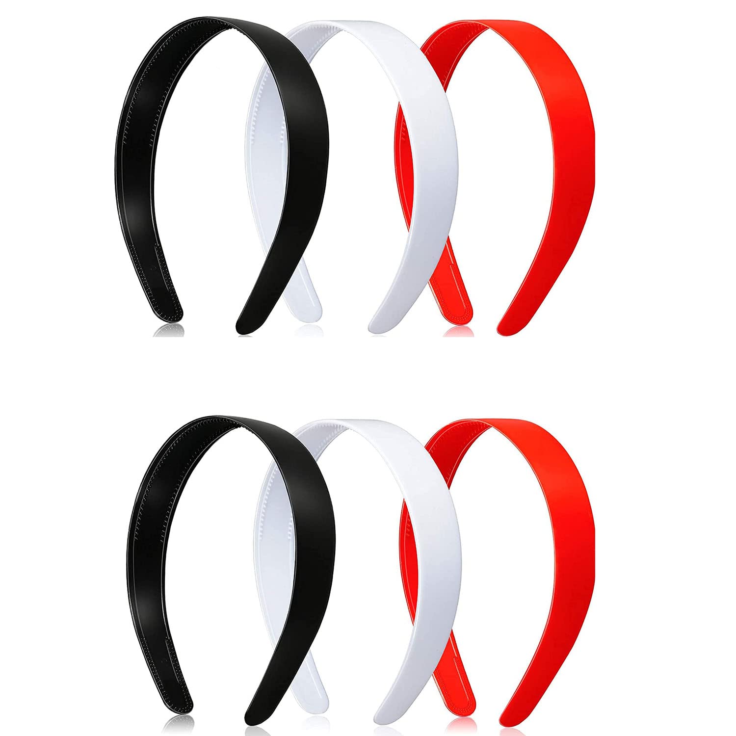 Ashkash 6Pcs 1 Inch Wide Plastic Headbands with Teeth - Non-Slip Hard Plastic Hairbands for Women & Girls - DIY Hair Accessories (Black, White, Red) - Perfect for Crafting, Cosplay, and Everyday Hairstyling