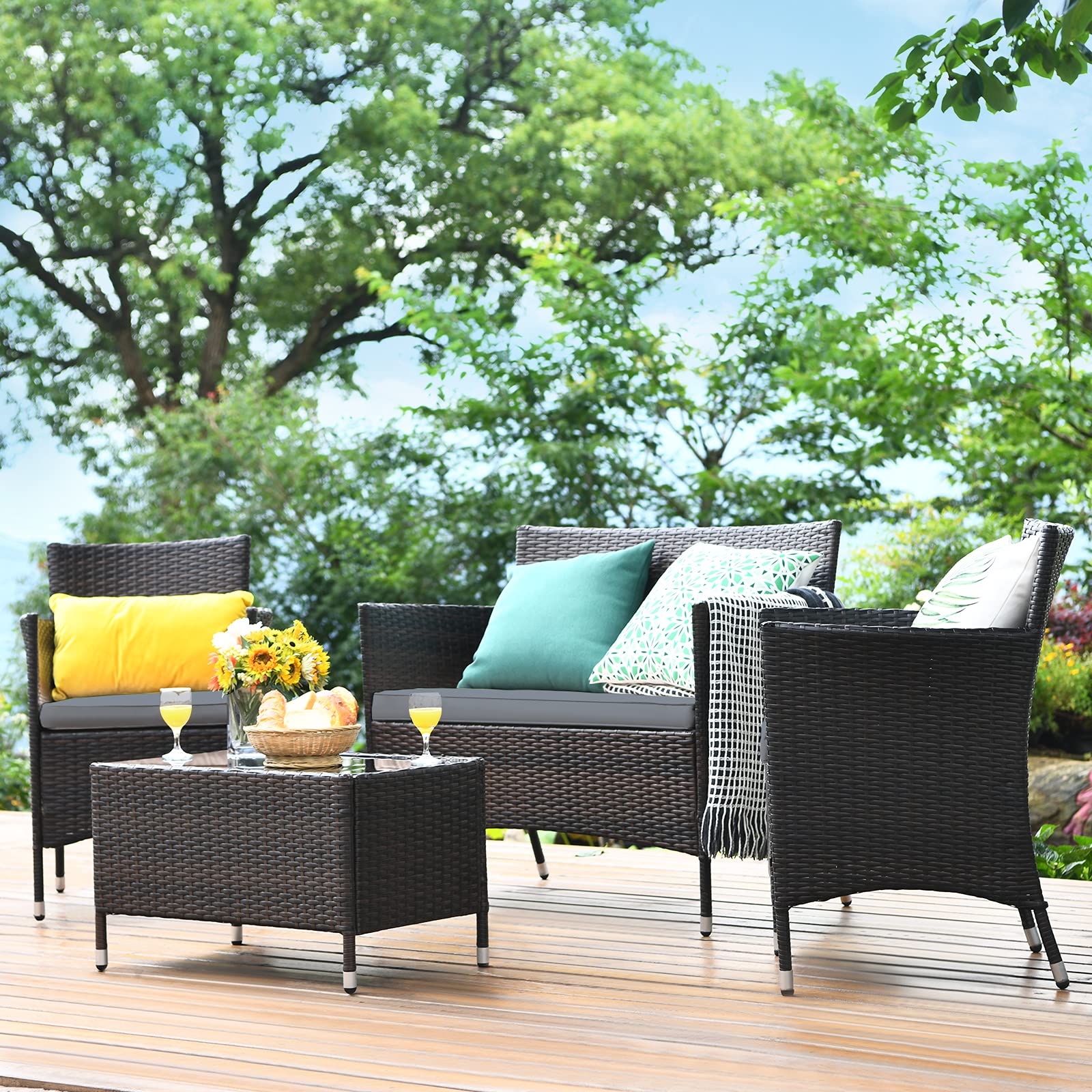 Tangkula 4-Piece Patio Rattan Conversation Set with Tempered Glass Coffee Table & Thick Cushions - Outdoor Wicker Furniture for Garden, Lawn, Poolside & Backyard (Gray) - Perfect for Relaxing, Entertaining & Outdoor Dining
