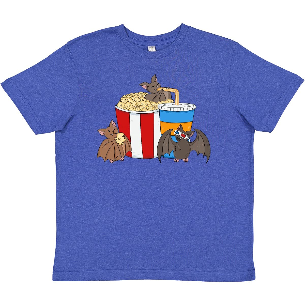 Inktastic Movie Loving Bats with Popcorn and Soda Youth T-Shirt - Cute Halloween Graphic Tee for Kids | Perfect for Movie Nights, Halloween Costumes & Bat Lovers