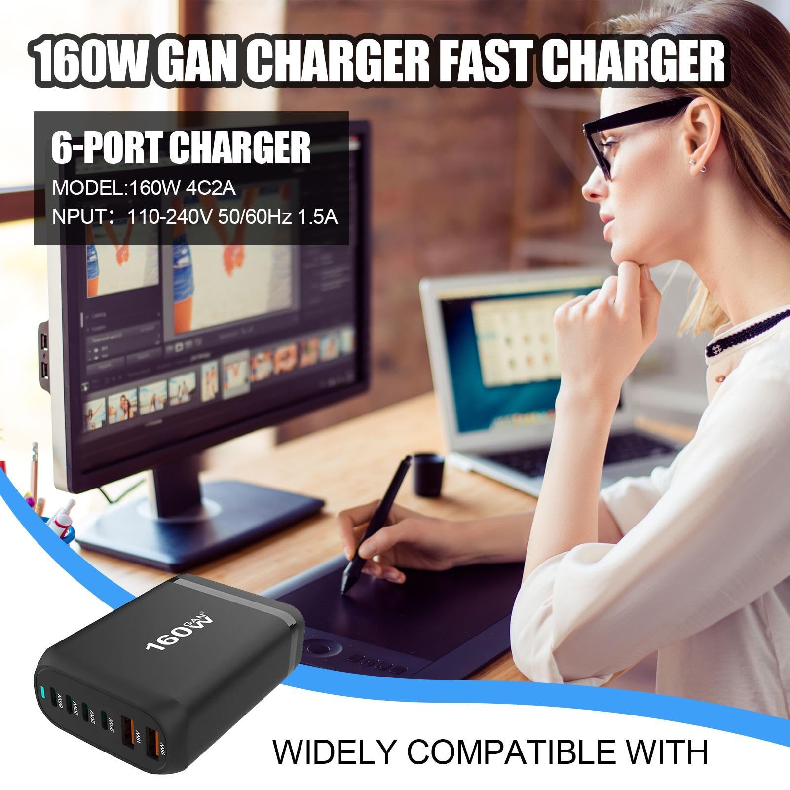 160W 6-Port USB Fast Charger with 4C2A Ports | Universal 110-240V Desktop Charging Station for Multiple Devices | Perfect for Home Office, Dorm Room & Travel | Charge Laptops, Tablets, Phones, Headphones & More