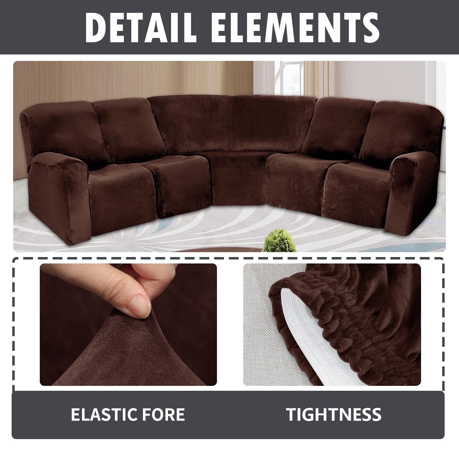 7-Piece L-Shaped Velvet Stretch Recliner Corner Sofa Cover - Soft, Washable & Durable Furniture Protector for Sectional & L-Shaped Reclining Sofas (Chocolate Brown) | Perfect for Living Room, Family Room & Home Theater Seating Protection
