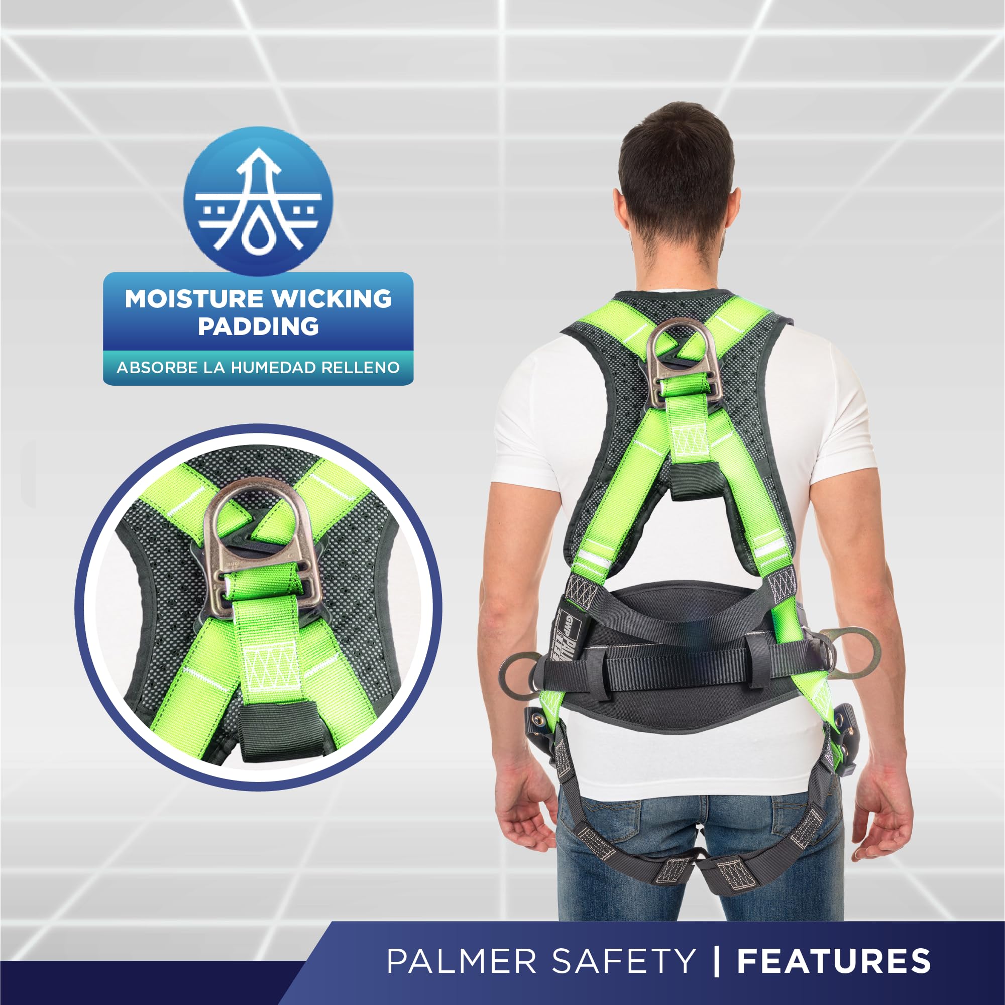 Palmer Safety Hammerhead 5-Point Safety Harness with Back Padding, QCB Chest Buckle, Tongue Buckle Leg Straps & D-Rings - Fall Protection for Construction, Roofing & Industrial Work