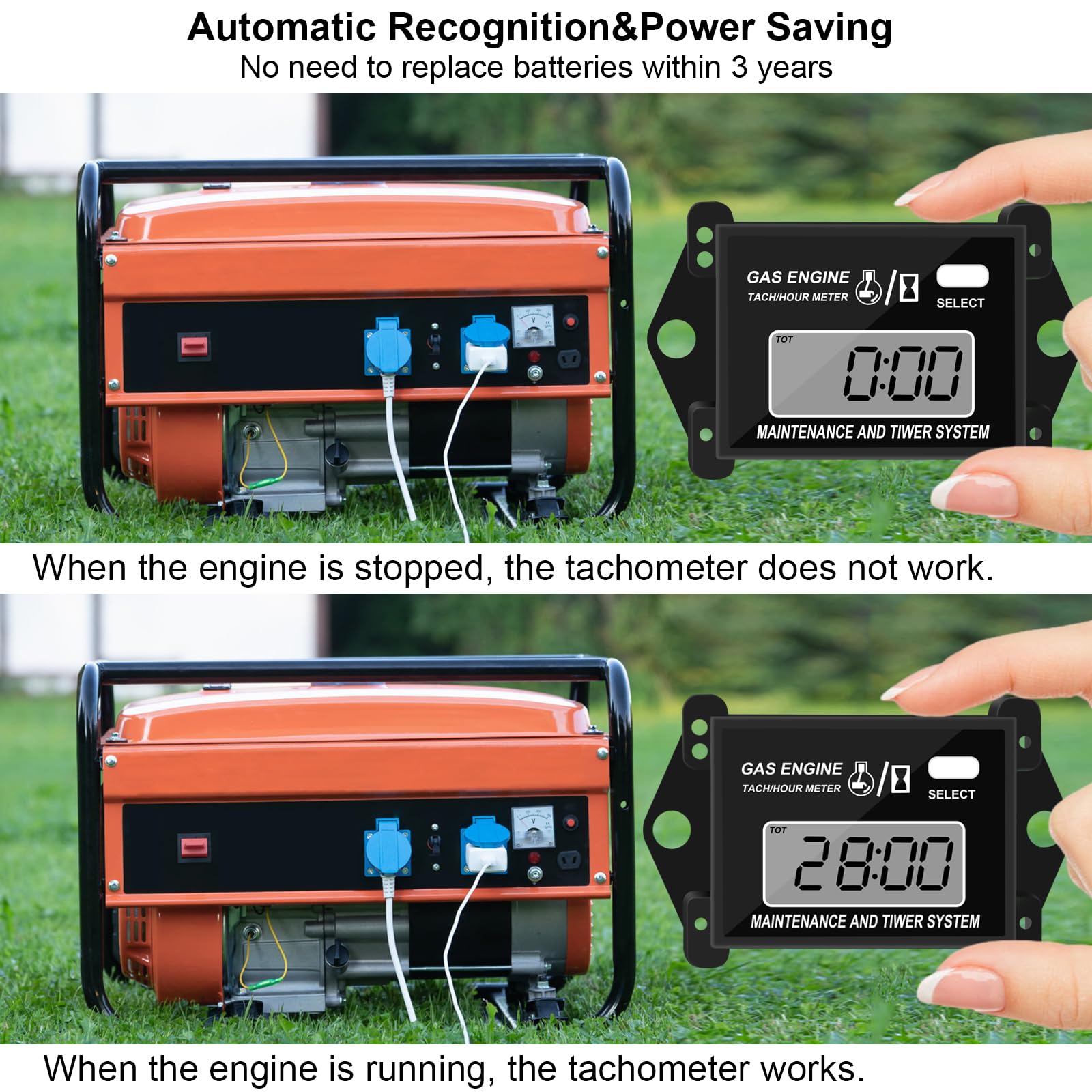 Digital Tachometer & Hour Meter - Inductive RPM Gauge with Total Time & Job Timer for Small Engines - Perfect for Snowmobiles, Motor Bikes, Go Karts, Lawn Mowers & Outdoor Power Equipment