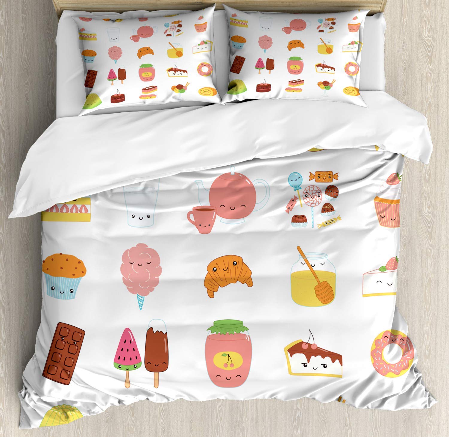 3 Piece Comforter Set All Season - Twin Size Duvet Cover Bedding Set with Dessert Theme (Ice Cream, Donut, Cake, Honey, Cupcake, Chocolate) - Machine Washable - Perfect for Kids' Rooms, Dorm Decor, and Sweet-Themed Bedrooms