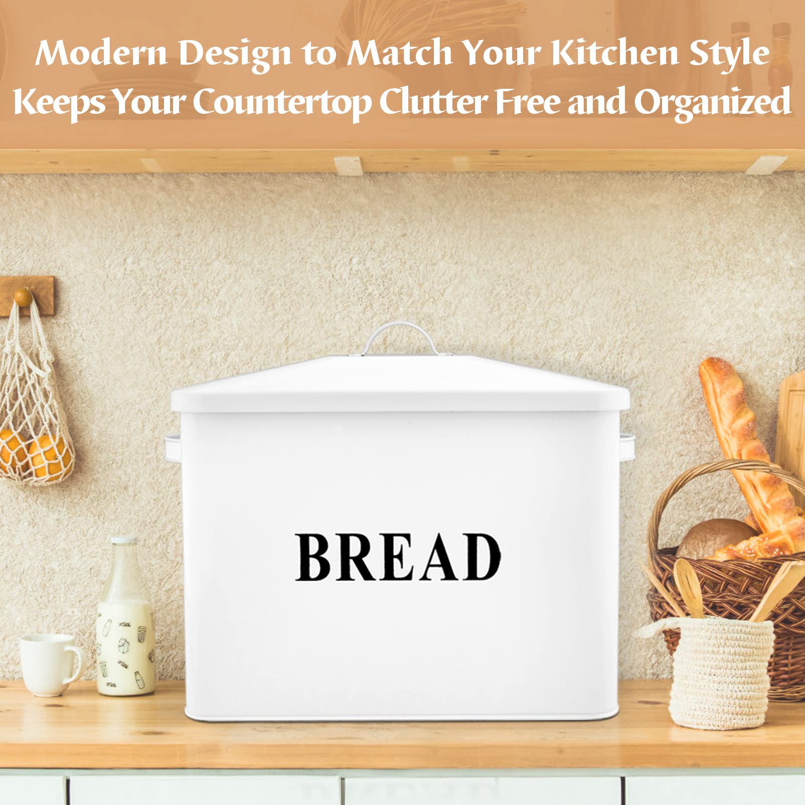 TeamFar Large Metal Bread Box for Kitchen Countertop – 13.1’’ x 11.8’’ x 7.3’’ Modern Farmhouse Bread Storage Container with Lid – Holds 2+ Loaves – Perfect for Bread, Baguettes & Pastries Storage in Home, Bakery or Café