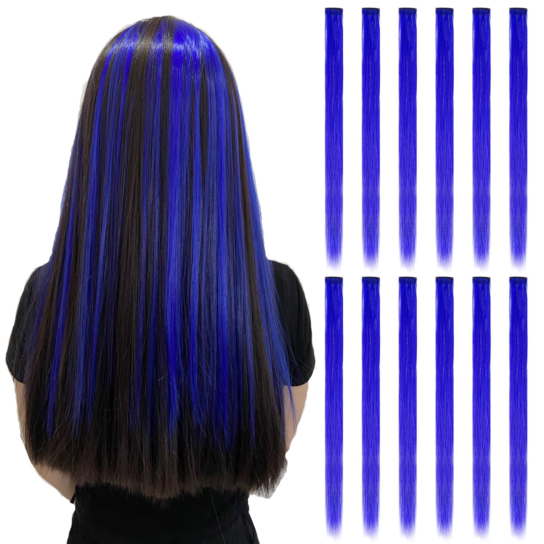 12PCS Clip-in Blue Hair Extensions - 20 Inch Synthetic Rainbow Hair Extensions for Women & Kids - Vibrant Colored Hair Pieces for Cosplay, Parties & Daily Styling (12 Pieces, Blue)