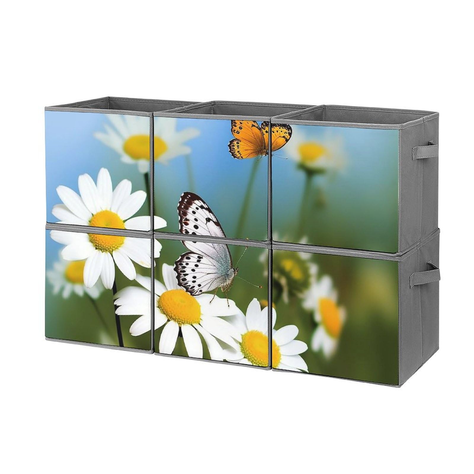 6-Pack Collapsible Butterfly Daisy Flower Storage Bins with Handles - Large Closet Organizer, Clothing Storage Boxes for Bedroom, Bathroom & Nursery Organization