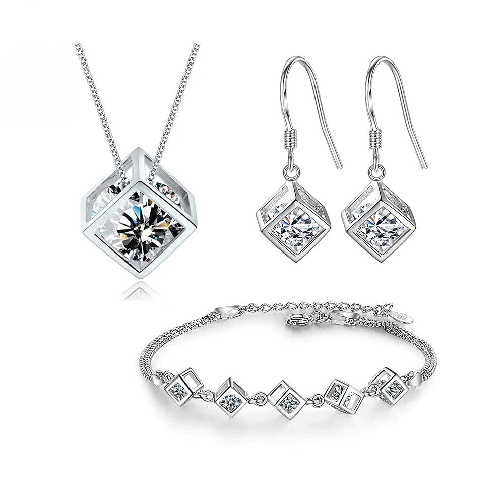 Dazlura 925 Sterling Silver Jewelry Set - Moissanite Diamond Square Cube Necklace, Earrings & Bracelet for Women | 5-Piece Gift Set for Birthday, Anniversary & Special Occasions