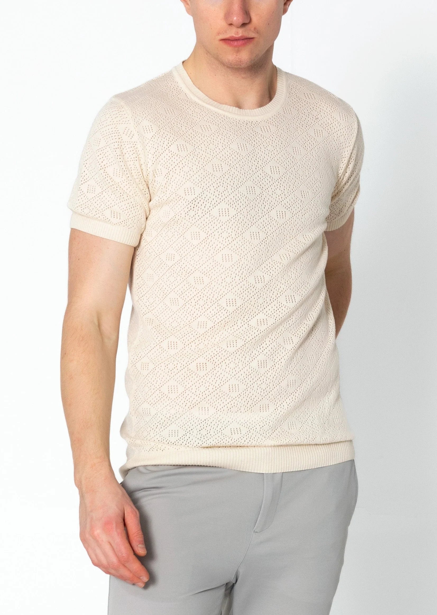 RNT23 Geometric Crochet T-Shirt in Beige - Stylish Boho Top for Women, Perfect for Casual Outings & Summer Fashion