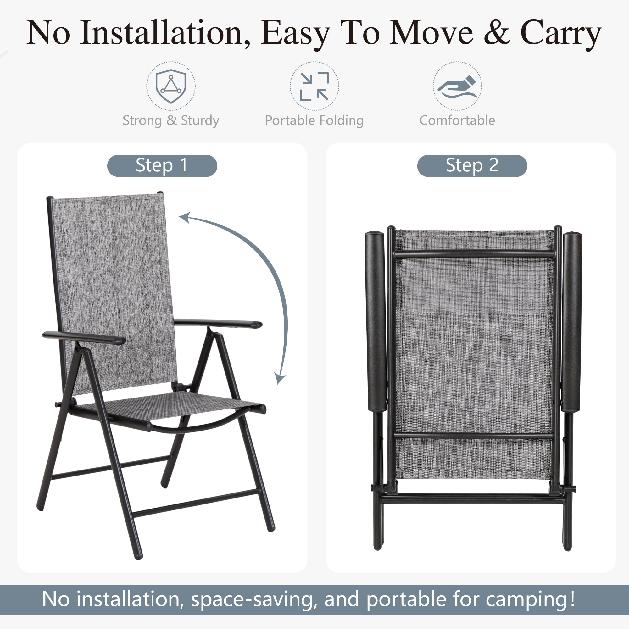 Sophia & William 4-Pack Outdoor Folding Chairs - Adjustable 7-Position Backrest, Lightweight Portable Textilene Patio Dining Chairs (Grey) - Perfect for Backyard BBQs, Beach Trips, Camping & Picnics