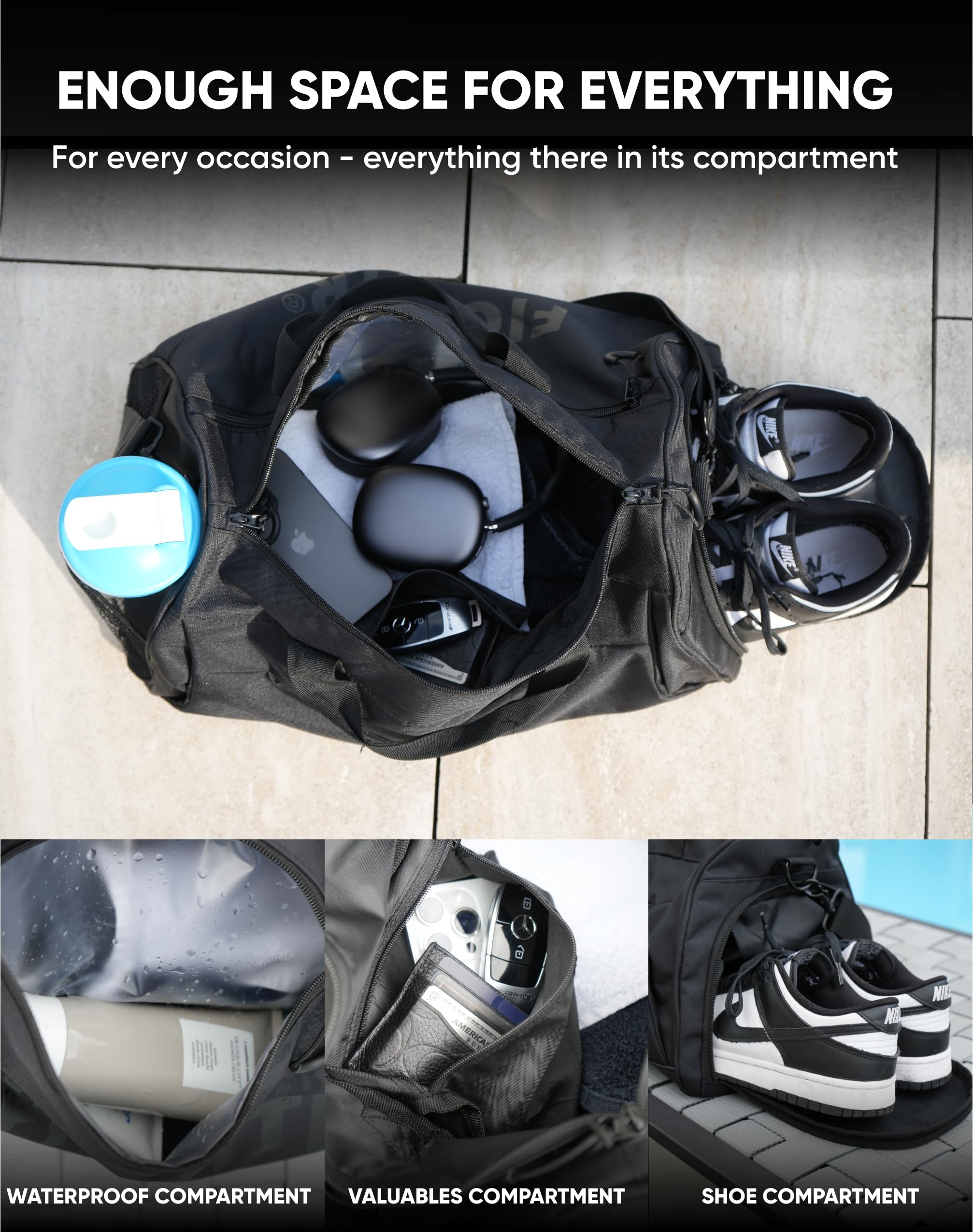 FIGHTR® Sports & Travel Duffle Bag for Men & Women - Waterproof Shoe Compartment & Wet Pocket - Gym, Fitness, Workout & Vacation Gear - Perfect for Gym, Travel & Sports Activities
