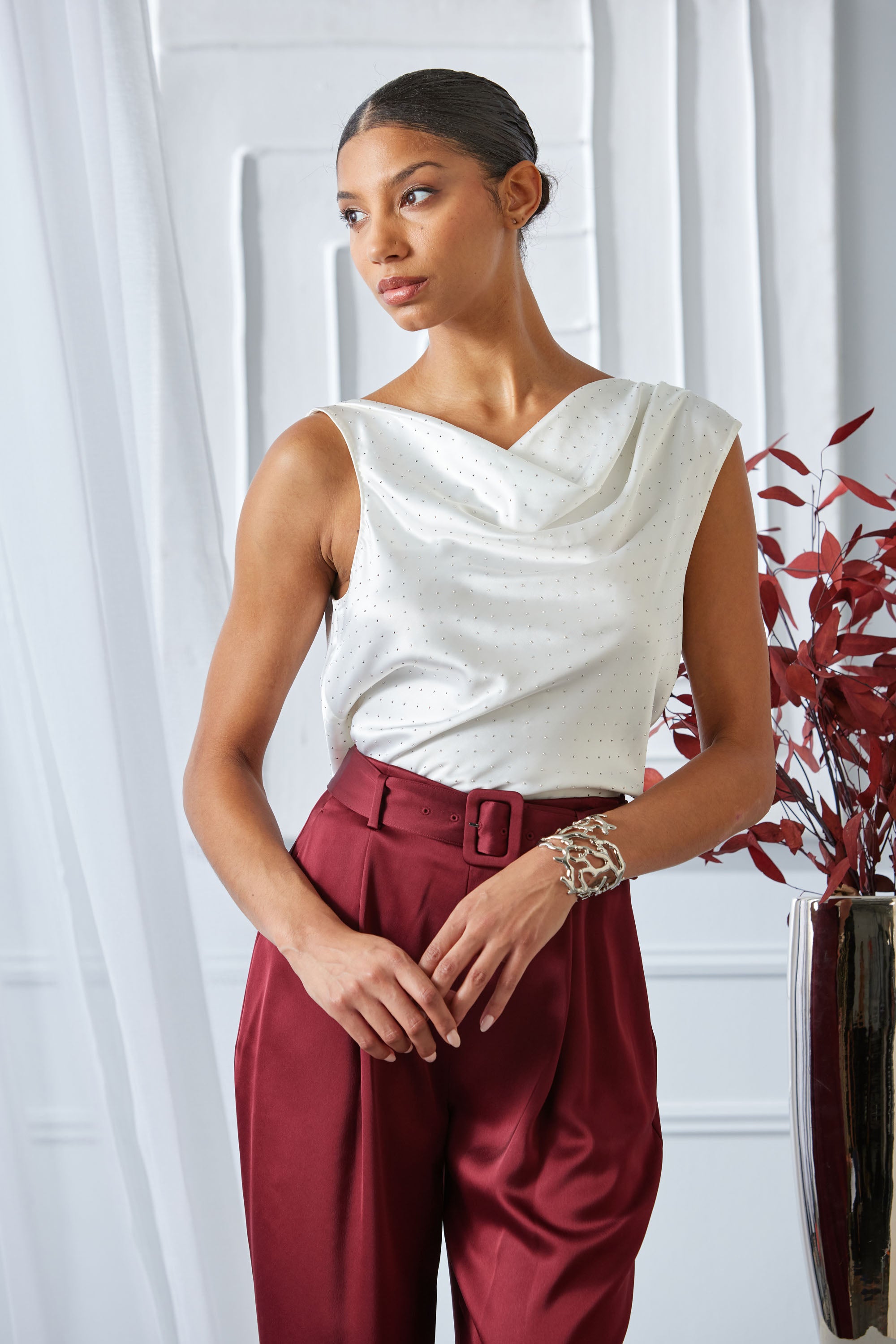 Elegant Satin Crystal Cowl Neck Blouse for Women - Perfect for Evening Parties, Date Nights & Special Occasions