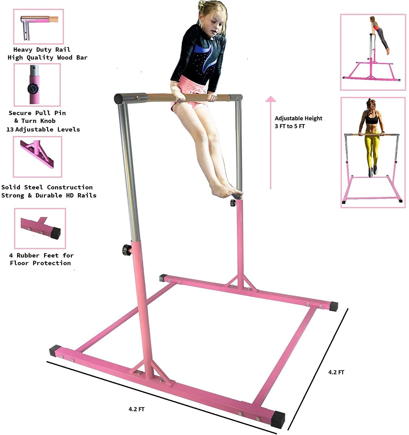 ToyKraft Adjustable Gymnastics Bar for Kids & Adults - Pink Horizontal Kip Bar for Home Training, Strength Exercise & Gymnastics Practice - Perfect for Indoor/Outdoor Use in Playroom, Backyard or Gym