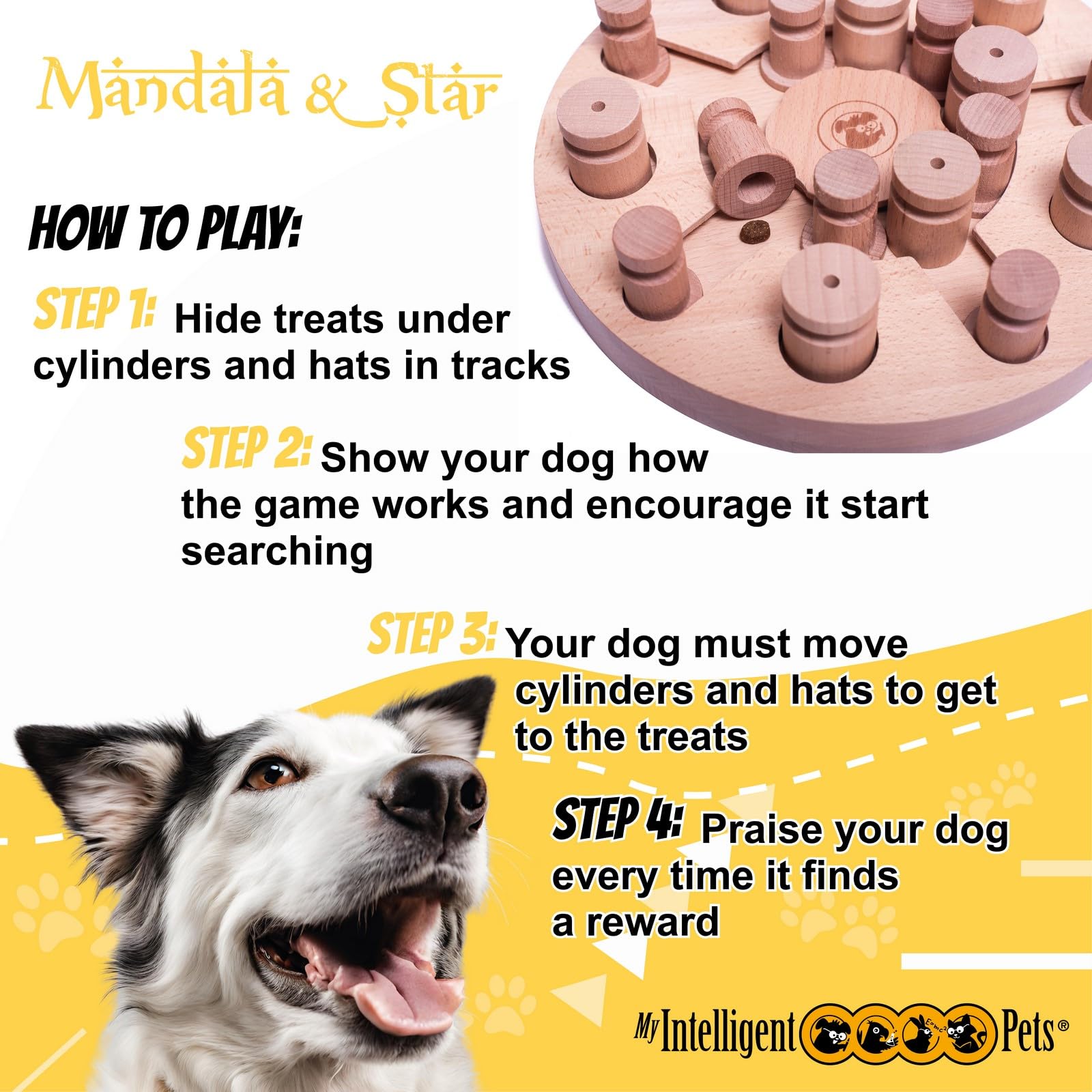 Mandala & Star Wooden Dog Chew Toy - Natural Instinct Booster, Interactive Puzzle Toy for Dogs - Perfect for Teething, Boredom Relief & Mental Stimulation