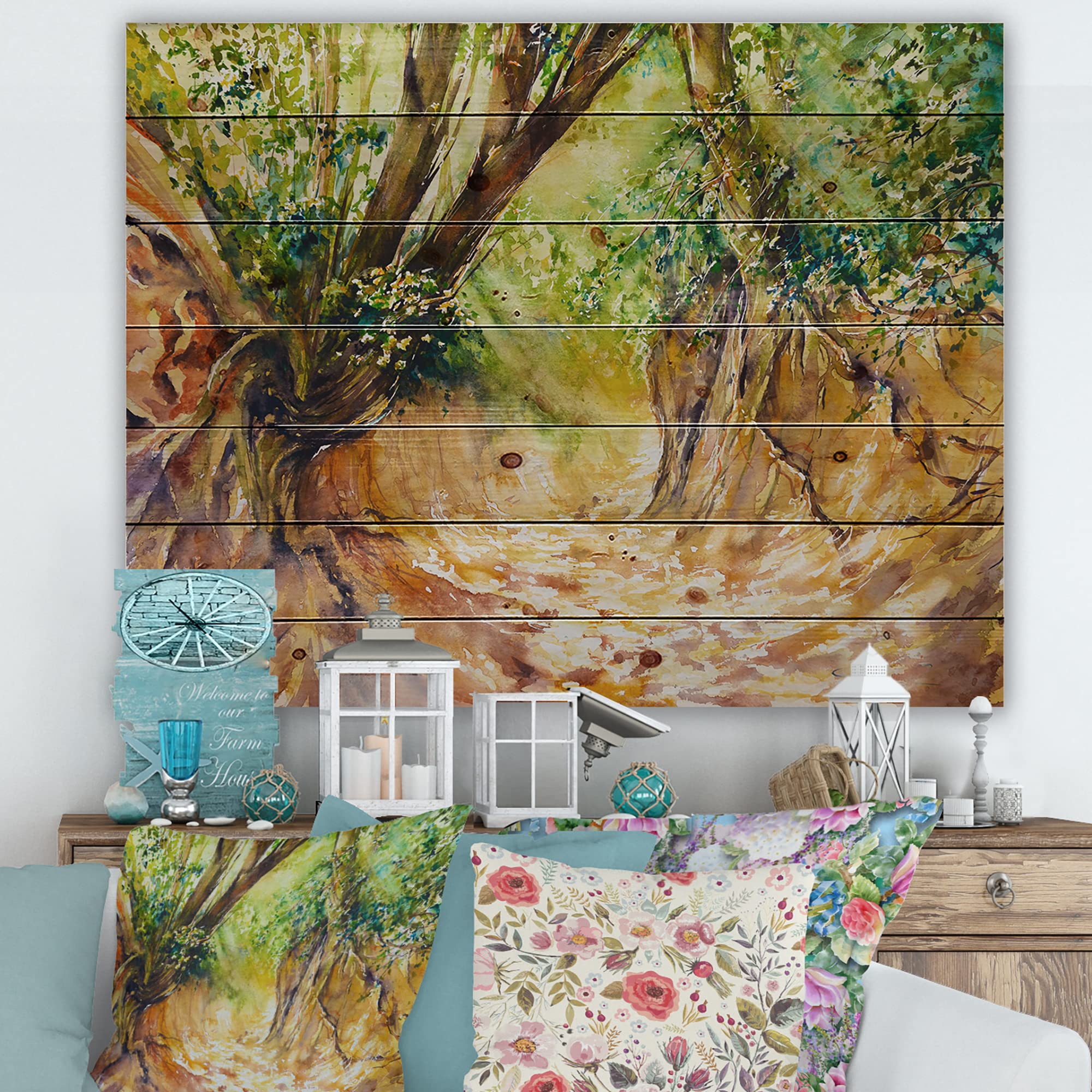DesignQ Little Forest Road Traditional Wood Wall Decor - Green Wood Wall Art, Large Landscape Wood Panels Printed on Natural Pine - Perfect for Living Room, Bedroom & Office Decor