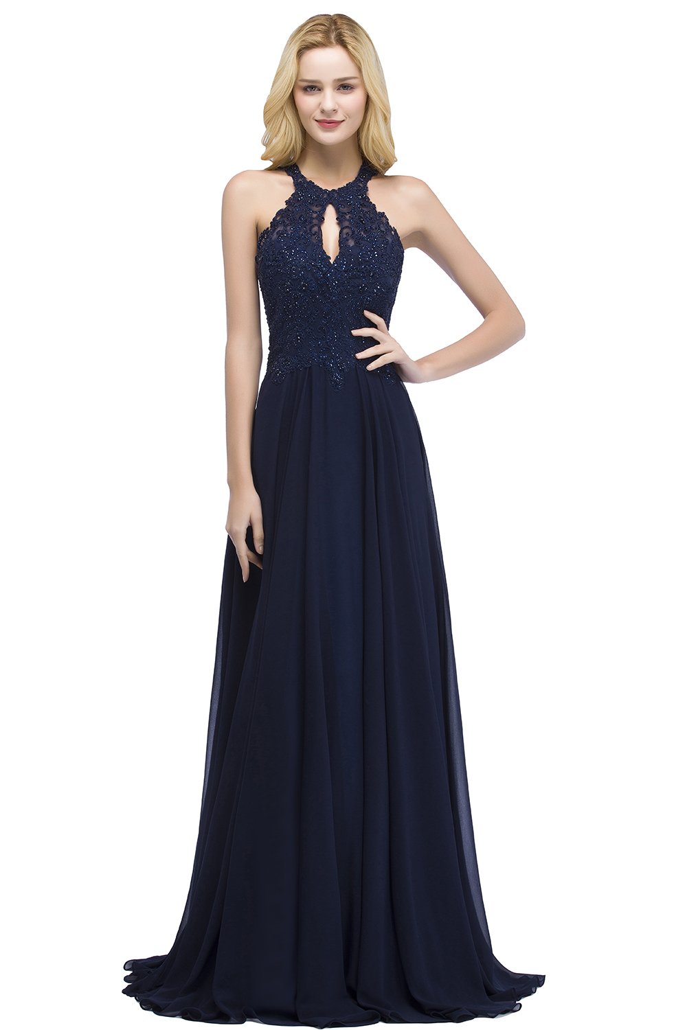 Elegant SESSRYMNIR Women's Chiffon Halter Lace Prom Dress with Beading - Long Formal Gown for Evening Parties, Homecoming, and Special Occasions