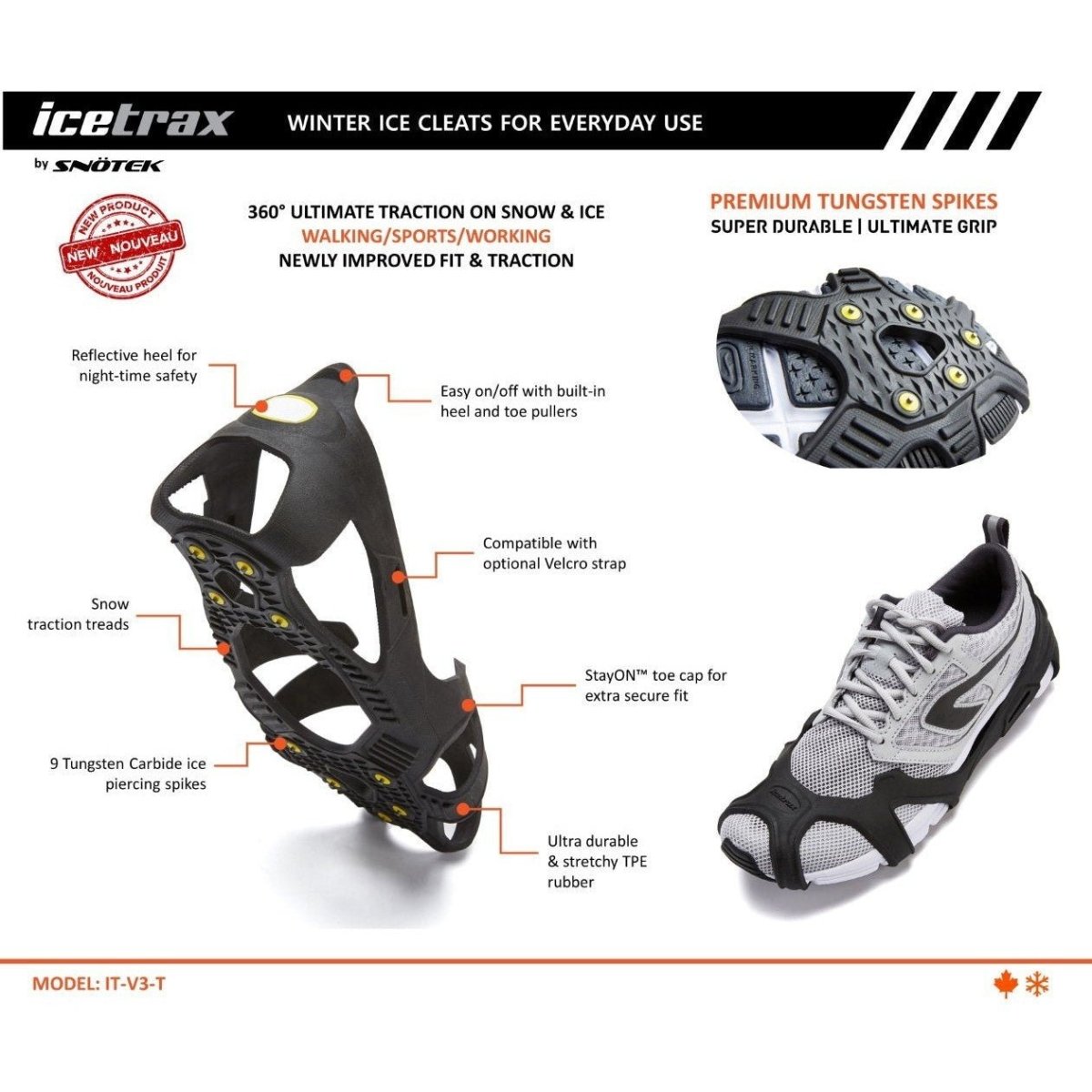 Icetrax V3 Tungsten Ice Cleats for Men & Women - Anti-Slip Traction Crampons for Hiking, Running, Walking on Ice & Snow - Winter Safety Gear for Outdoor Activities