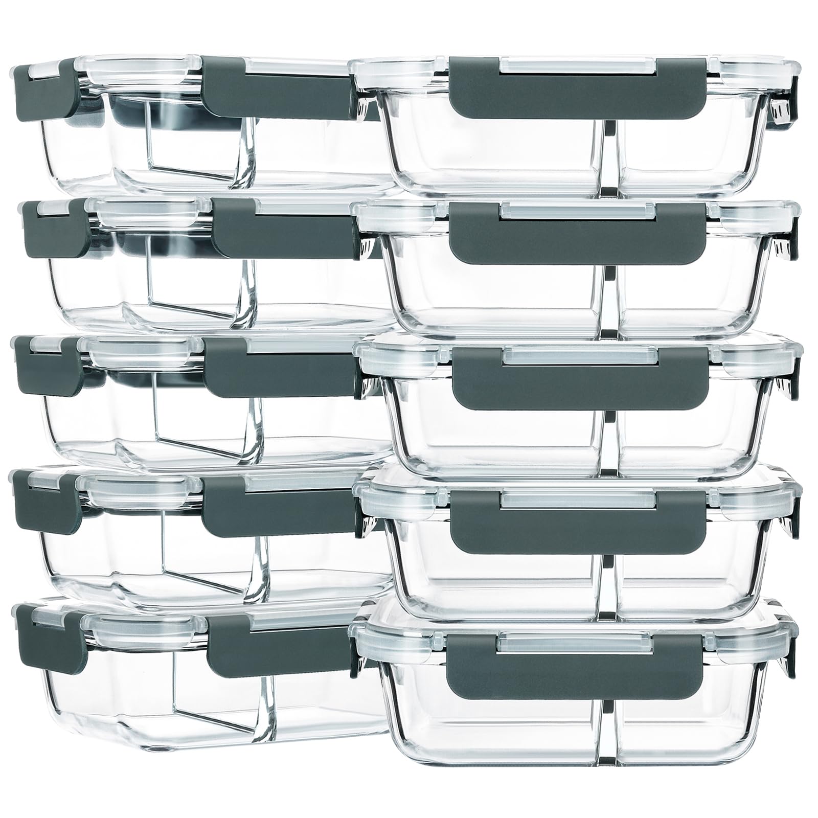 10-Pack 30 Oz Glass Meal Prep Containers with Lids – 2-Compartment Airtight Bento Lunch Boxes, Microwave & Oven Safe, Freezer & Dishwasher Friendly – Perfect for Healthy Meal Prepping, Office Lunches & Food Storage