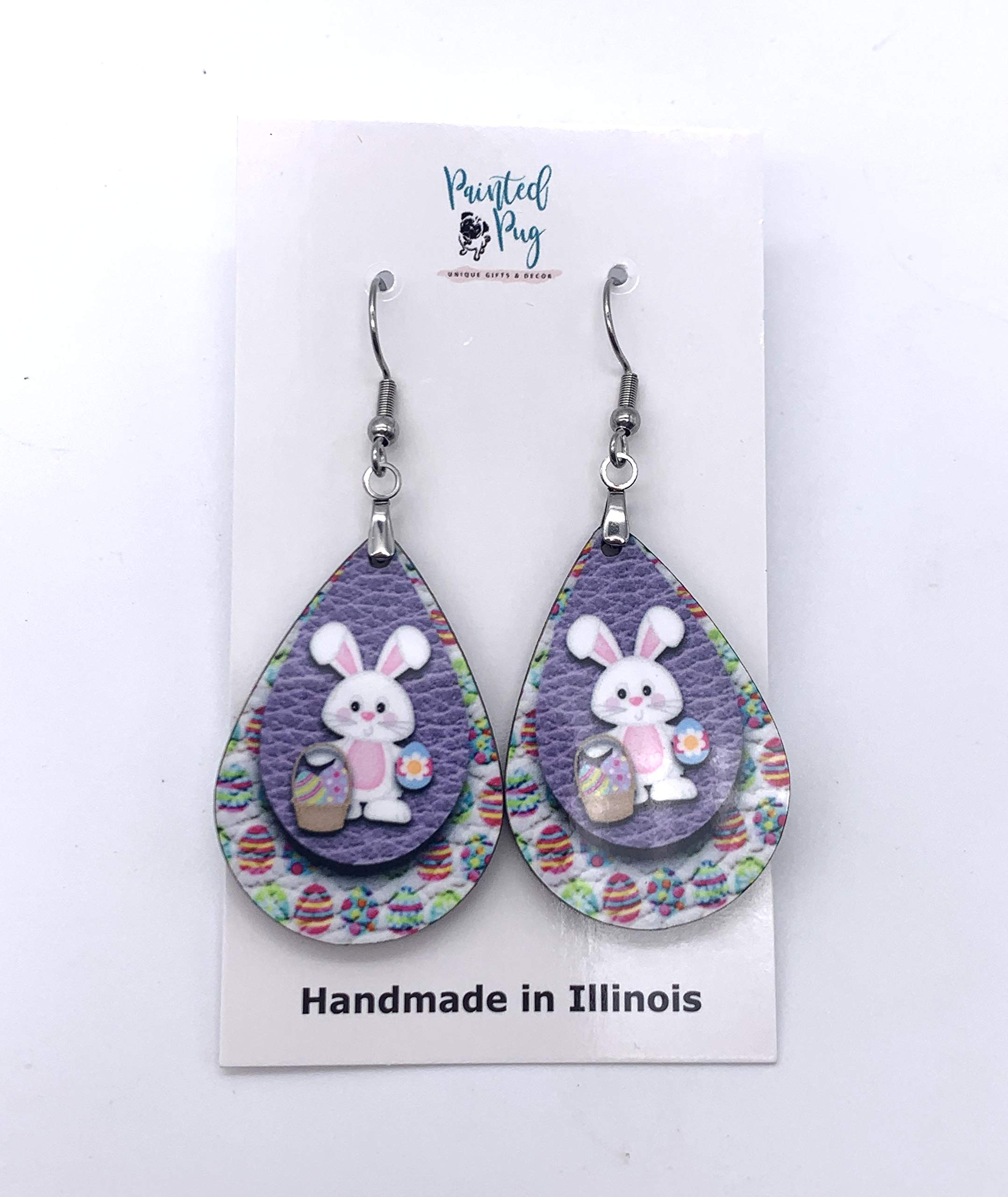 Handmade Wooden Bunny Dangle Drop Earrings for Women - Purple & Pink Easter Jewelry by The Painted Pug | Perfect for Spring Celebrations, Easter Gifts & Party Accessories