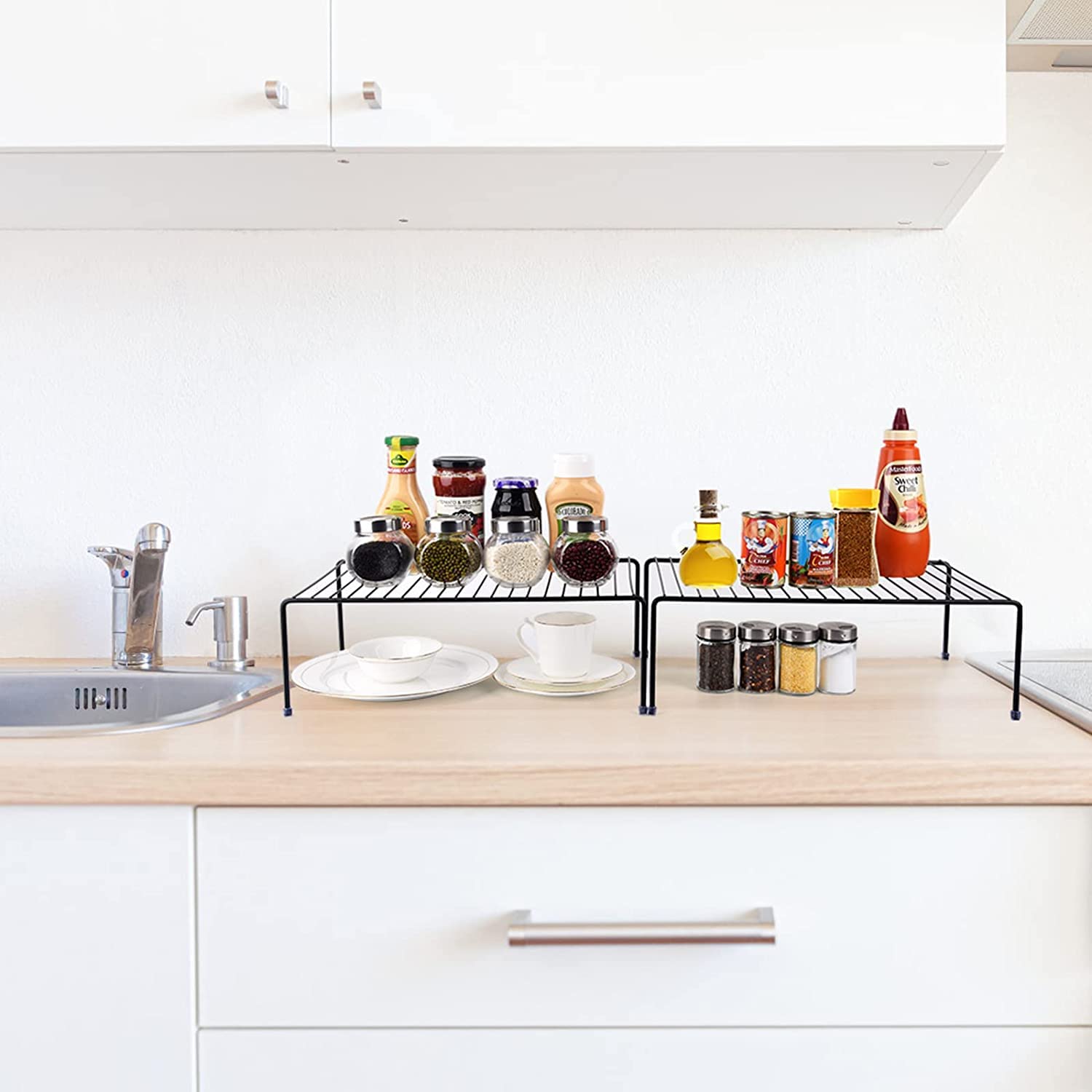 16.1 x 10.2 Inch Large Kitchen Cabinet Organizer Shelf Rack - Black Storage Shelf for Counter, Fridge, Bathroom & Cupboard (Set of 4) - Perfect for Pantry Organization, Spice Storage & Small Appliance Display