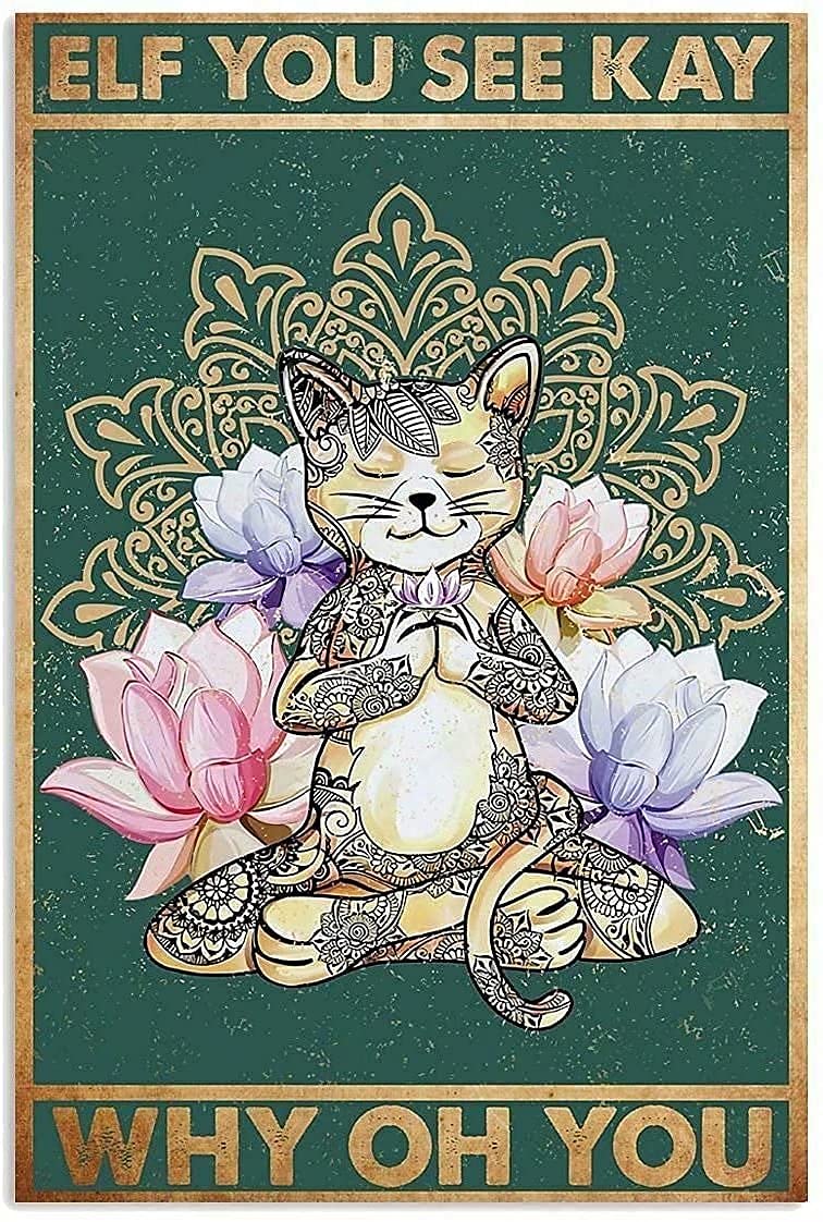 Woodrowv LALLRI Retro Yoga Cat Metal Tin Sign - Vintage Wall Decor Aluminum Poster for Home, Bedroom, Cafe & Garage (8x12 Inch) - Perfect for Yoga Studios, Cat Lovers & Retro Home Decor