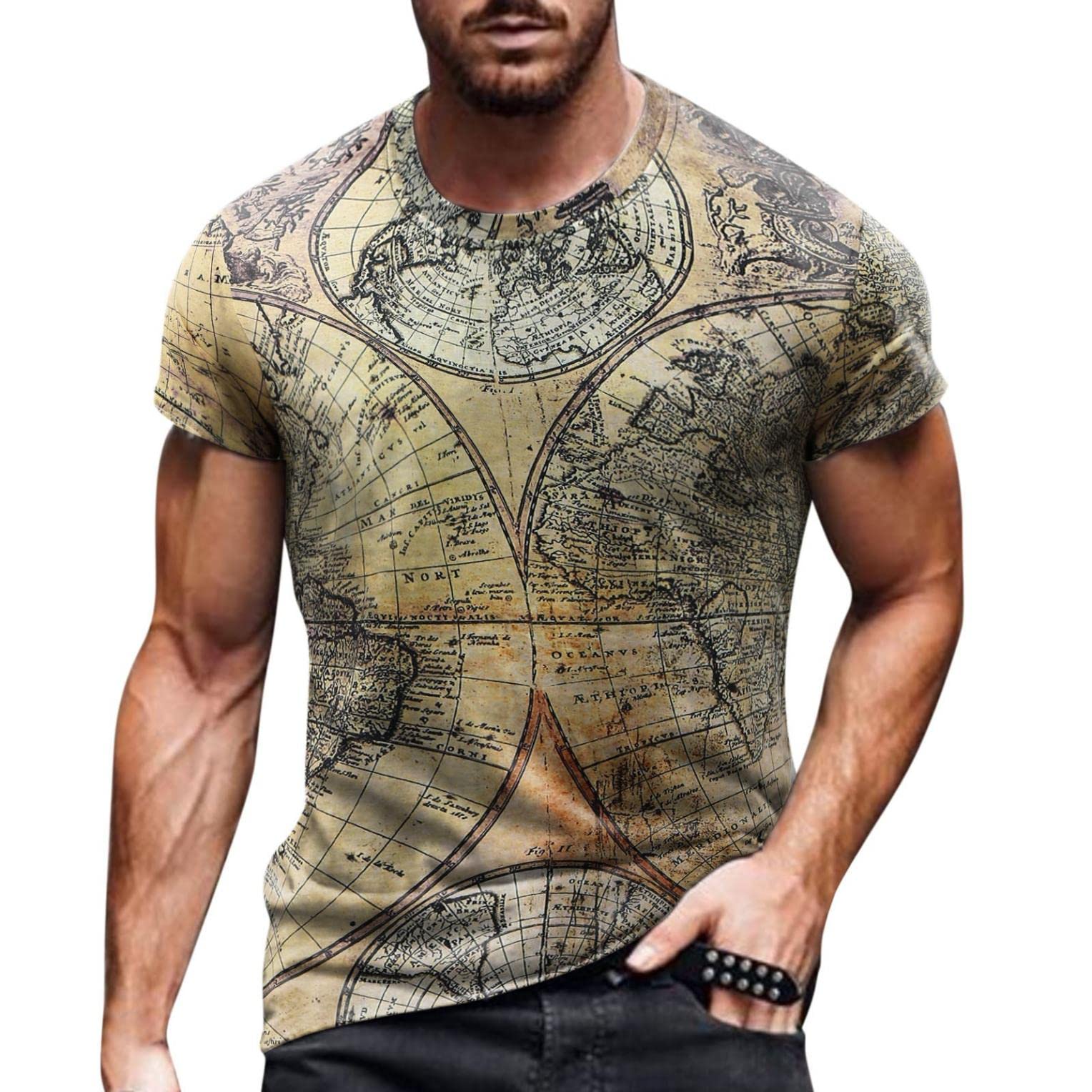Men's Casual Retro Distressed Print T-Shirt - Crew Neck Short Sleeve Fashion Top for Everyday Wear | Perfect for Street Style, Weekend Outings & Casual Gatherings