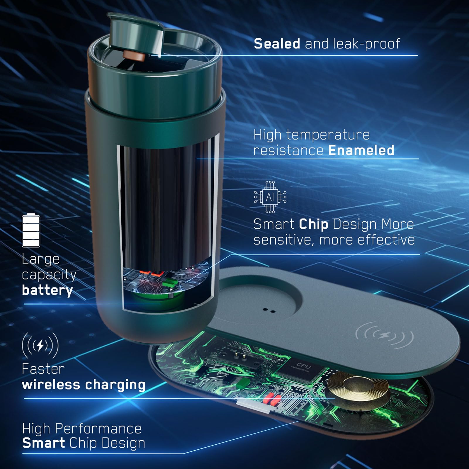 Smart Self-Heating Travel Coffee Mug - 12oz Temperature Control, App-Controlled Warmer with LED Display (4-10 Hours) | Fast Wireless Charging Base | Keeps Coffee Hot All Day | Perfect for Office, Commuting & Outdoor Use | Jade Green