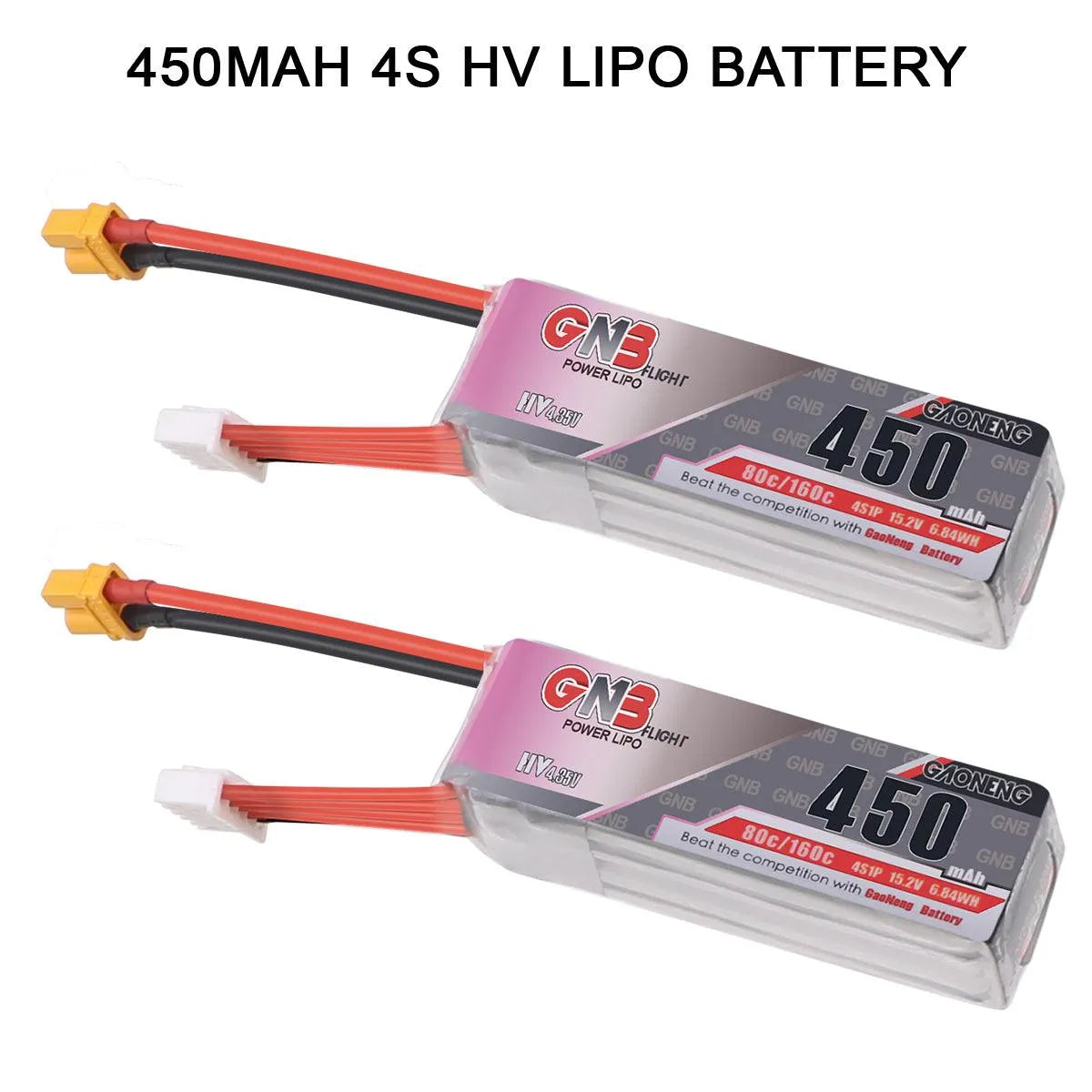 2PCS GNB 450mAh 3S HV 11.4V/4S HV 15.2V LiPo Battery 80C/160C with XT30 Plug - High Performance FPV Drone Battery for Beta85X, Tiny Whoop, and Racing Drones - Perfect for FPV Racing, Freestyle Flying, and Long Flight Time