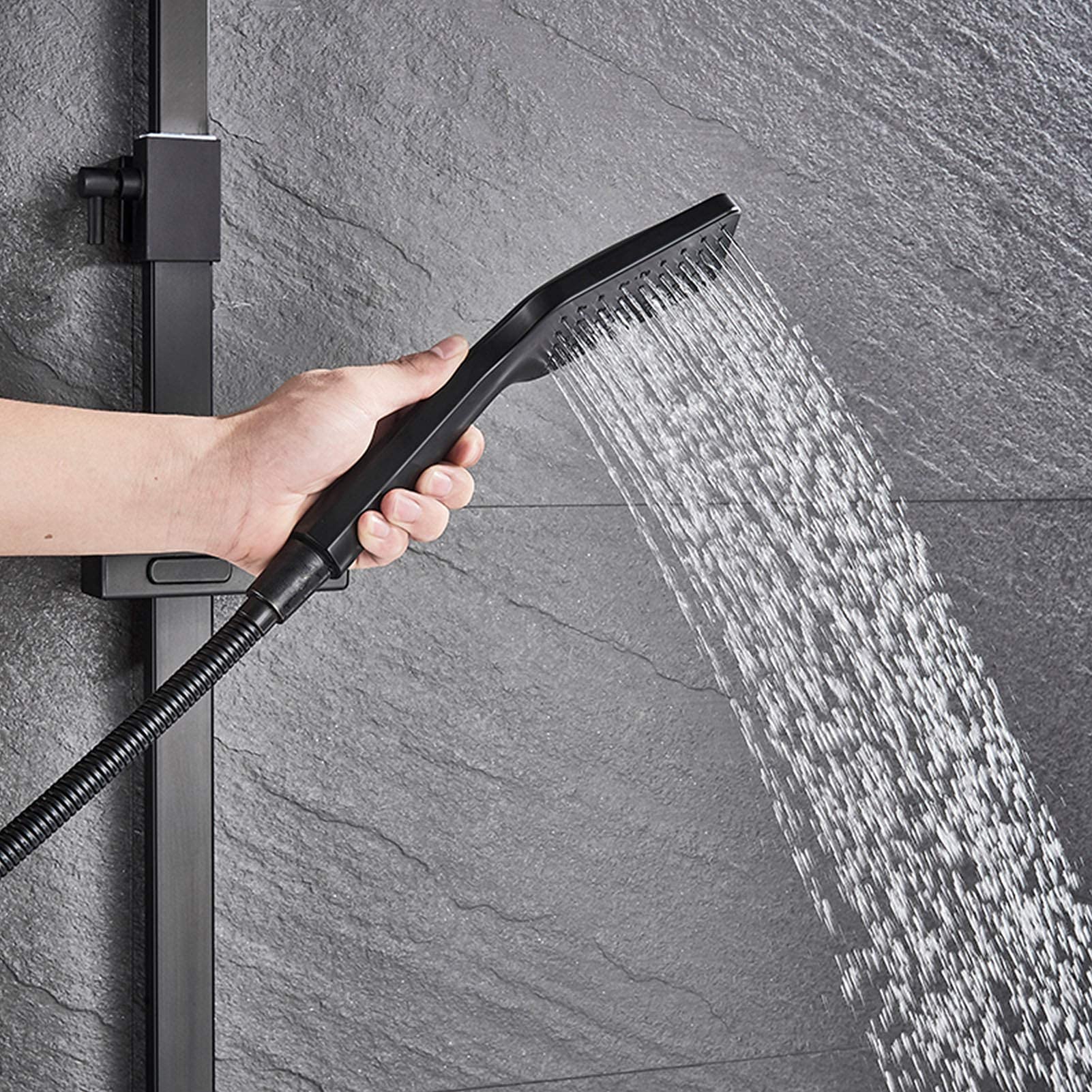 Premium Matte Black Rain Shower System - Exposed Rainfall Shower Faucet Set with Adjustable Slide Bar & 3-Function Mixer Taps for Modern Bathroom Upgrade | Perfect for Spa-Like Experience in Master Bath or Guest Bathroom
