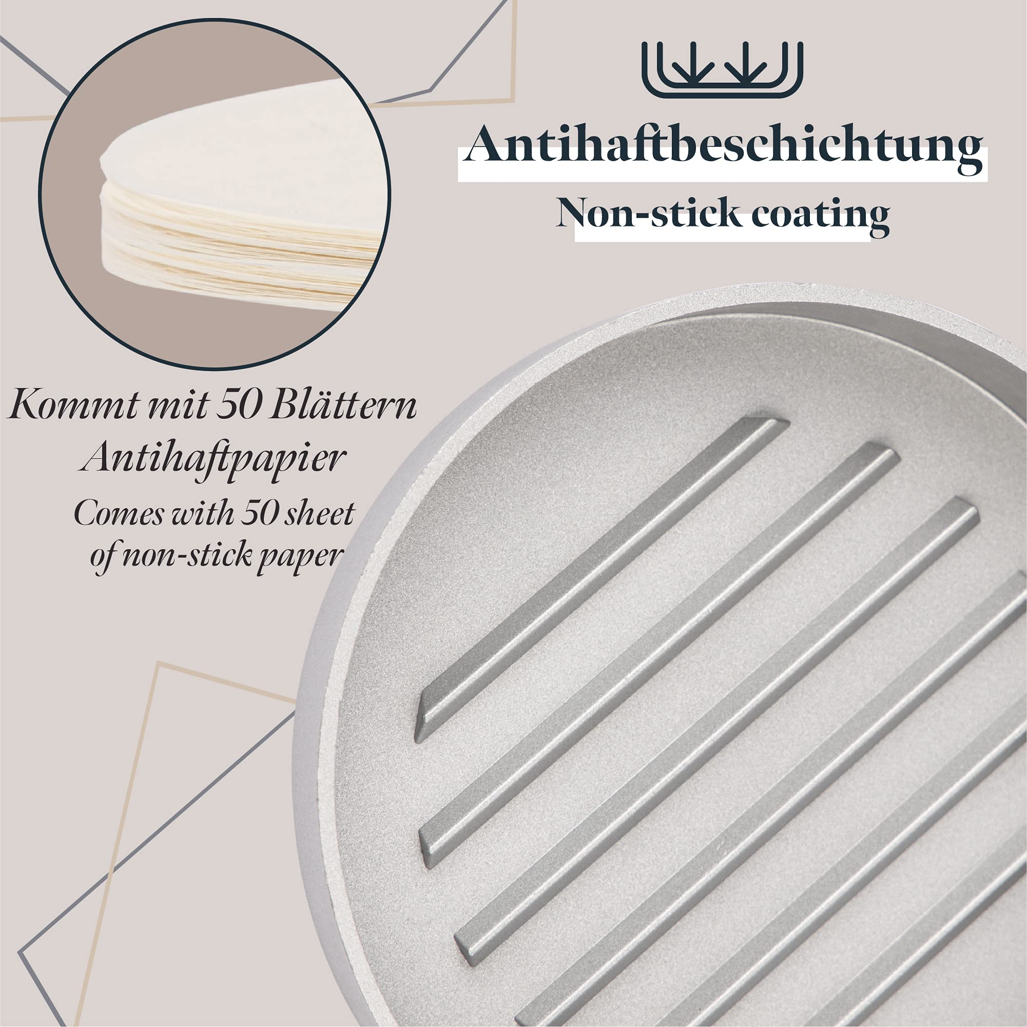 GOURMEO Cast Aluminum Hamburger Press with Non-Stick Coating + 30 Non-Stick Sheets | Burger Maker for Perfect Homemade Patties | Ideal for BBQ, Picnics, and Home Cooking