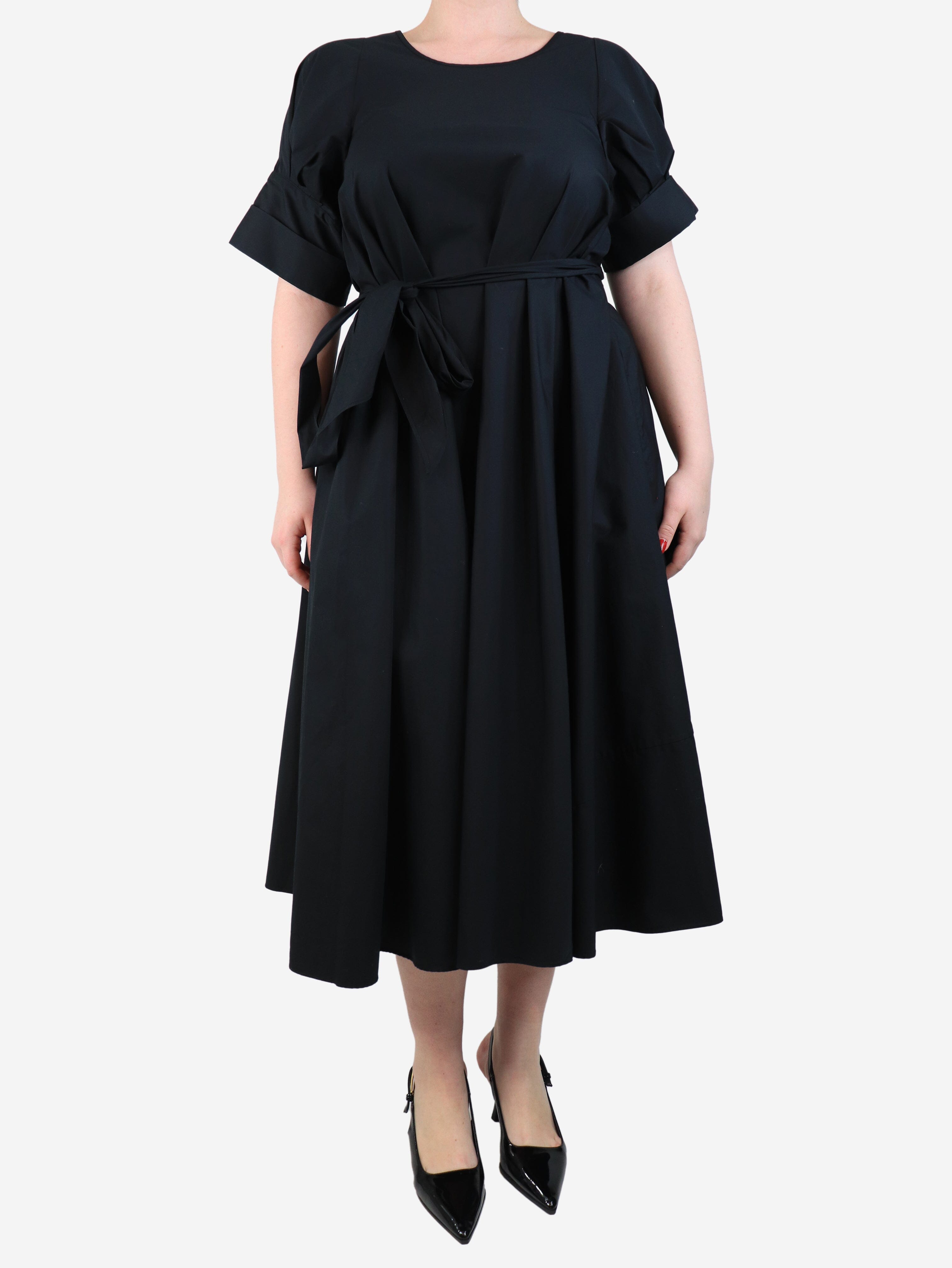 Black Belted Cotton Midi Dress - Size UK 12 (US 8) - Perfect for Casual Outings, Office Wear & Special Occasions