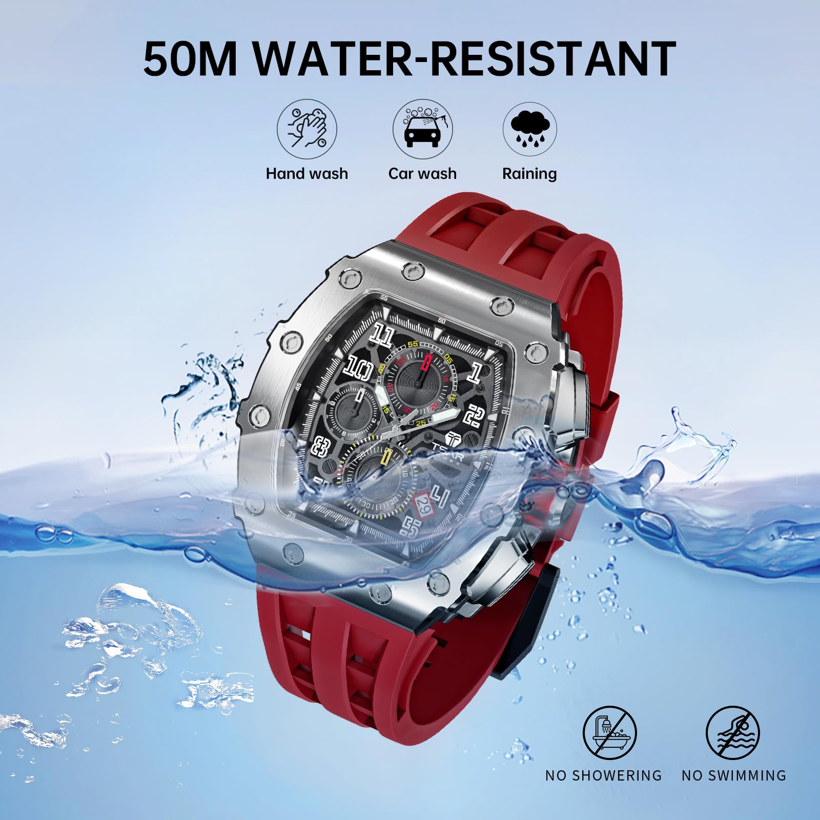 Luxury Men's Watch - 50M Waterproof Tonneau Chronograph with Japanese Quartz Movement & Silicone Band - Perfect for Business, Casual Wear & Gifts