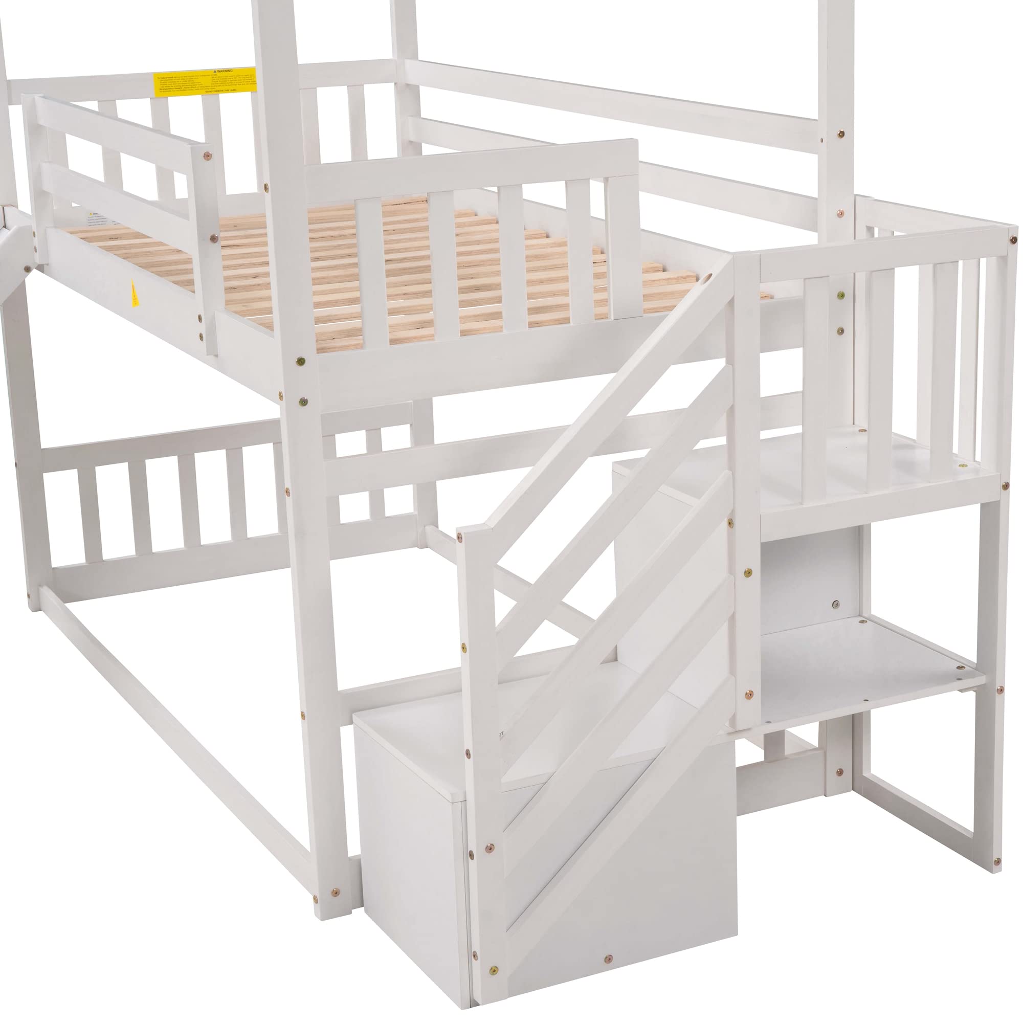 Goohome Twin Over Twin Wooden Bunk Bed with Convertible Slide & Storage Staircase - Low Loft Bed with Roof, Guard Rails & Wooden Frame for Kids, Teens - Perfect for Small Bedrooms, Shared Kids Rooms & Space-Saving Sleep Solutions