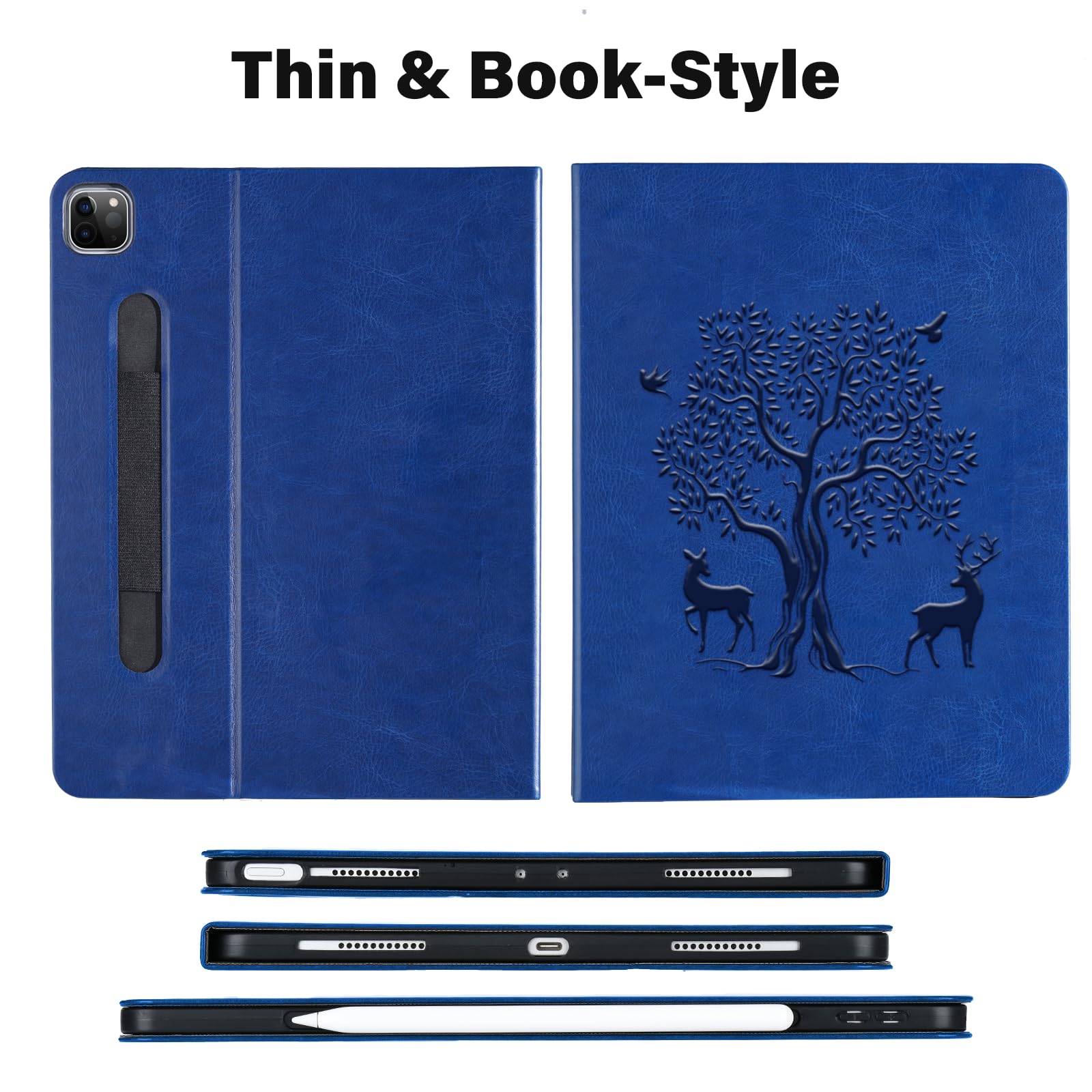 HFcoupe Magnetic iPad Air 13 Case (2024/2025 M3/M2) & iPad Pro 12.9 Case (5th/6th Gen) - Slim Protective Cover with Pencil Holder, Auto Wake/Sleep & Secure Closure - Navy Blue - Perfect for Work, School & Travel