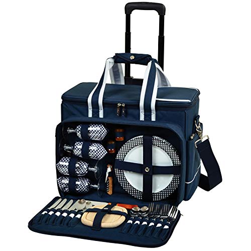 4-Person Wheeled Picnic Cooler Bag with Full Equipment Set - Portable Outdoor Picnic, Camping, Beach & Tailgating Cooler (Blue)