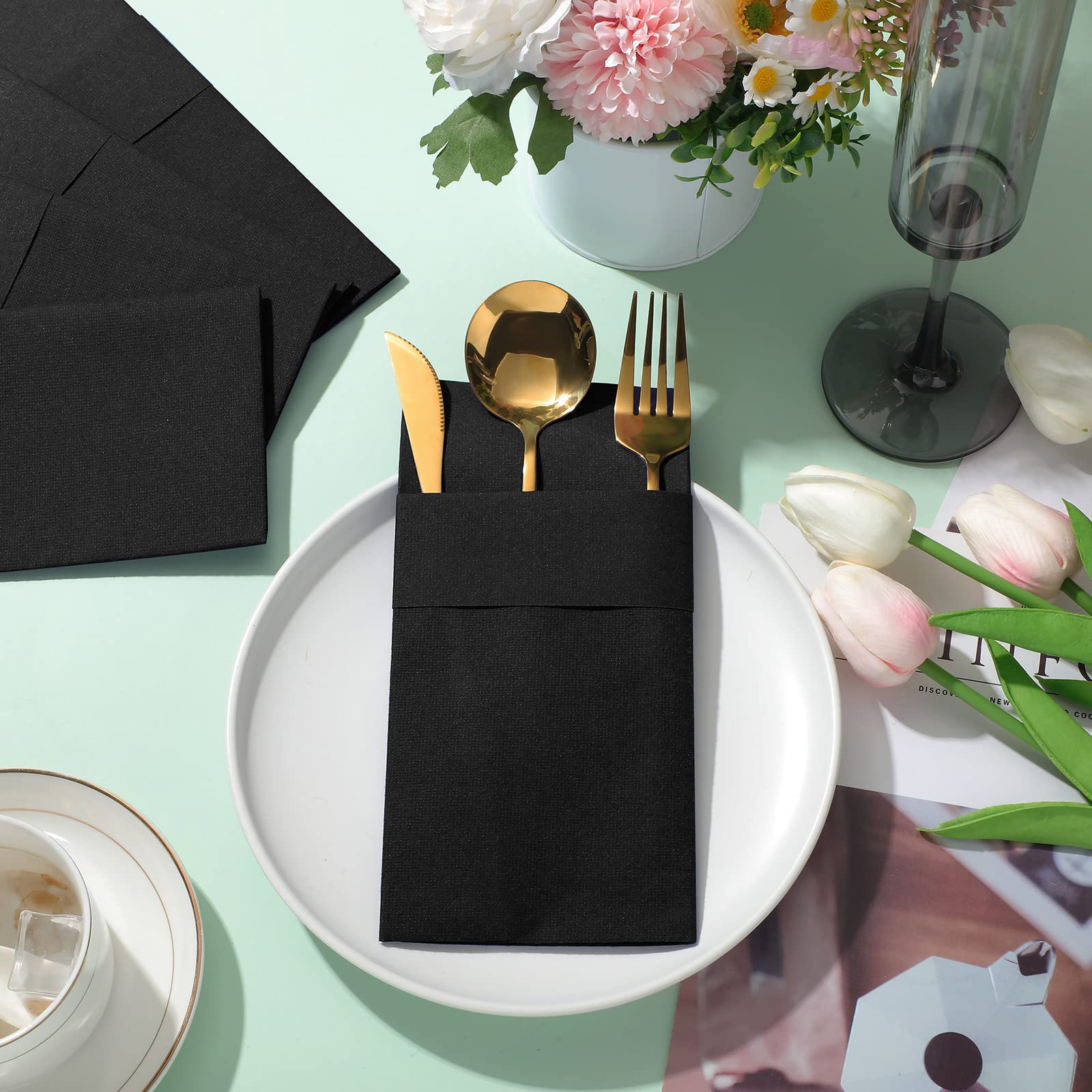 75-Piece Disposable Linen Paper Napkins with Built-in Flatware Pocket - Premium Airlaid Dinner Napkins for Weddings, Parties & Events - Elegant Black Tableware for Valentine's Day, Spring Receptions & Bridal Showers