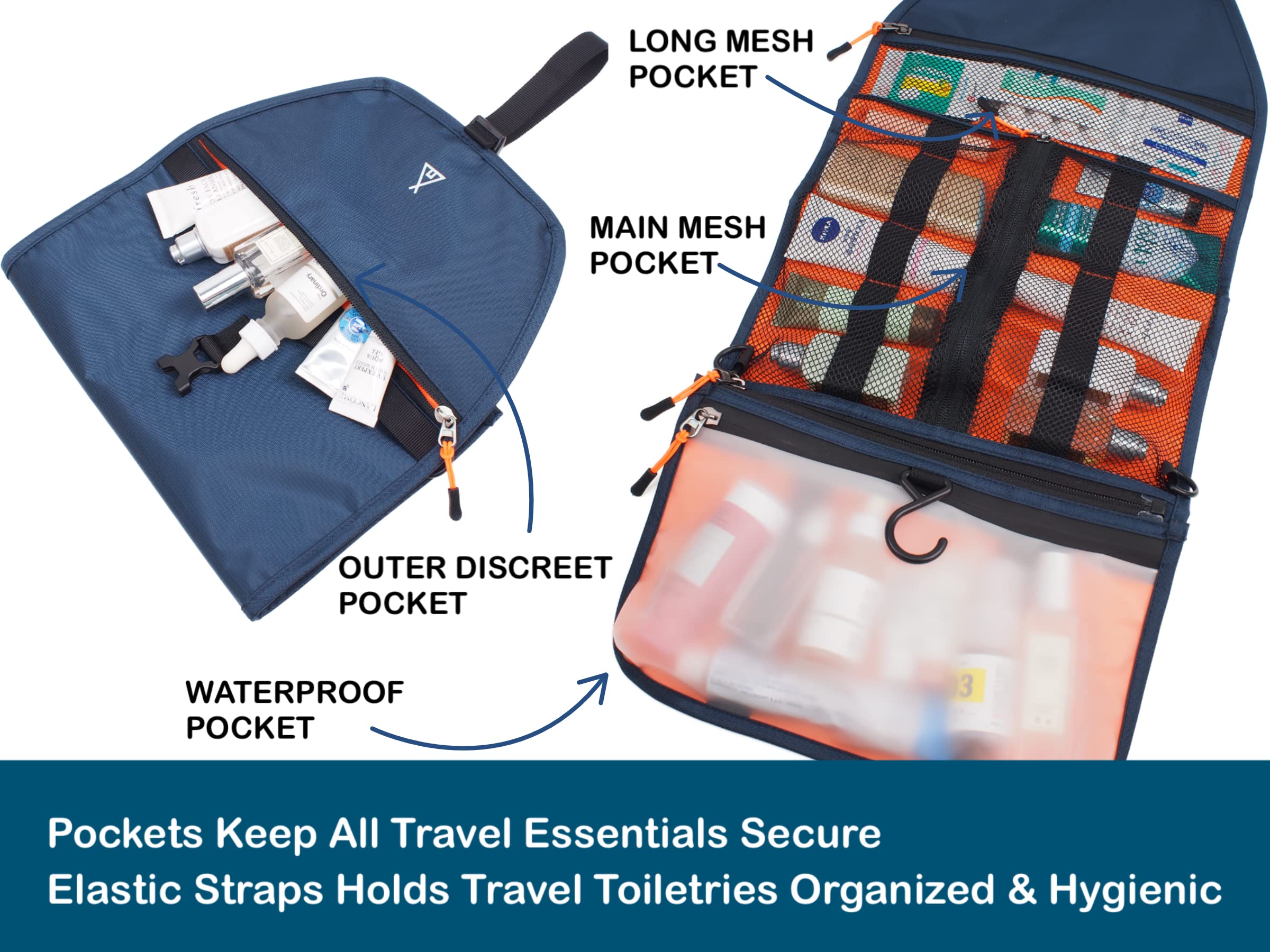 Premium Hanging Toiletry Bag for Men - Waterproof Travel Dopp Kit with Multiple Pockets, Lightweight Shower & Shaving Organizer for Gym, Camping, Business Trips & Vacation - Navy Blue Travel Essential