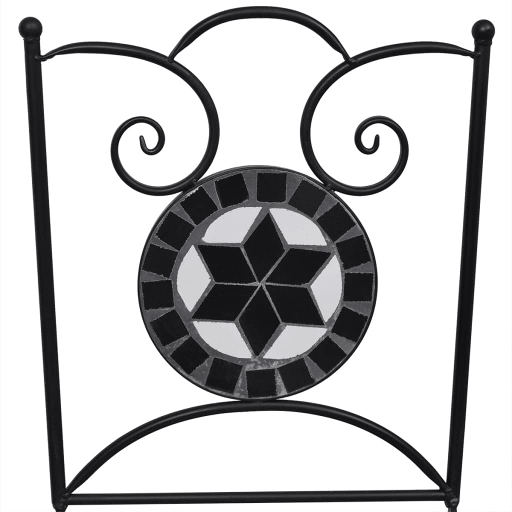 vidaXL 3-Piece Bistro Set with Round Table & Folding Chairs - Black & White Ceramic Tile Patio Furniture for Outdoor Garden, Balcony, or Poolside Dining