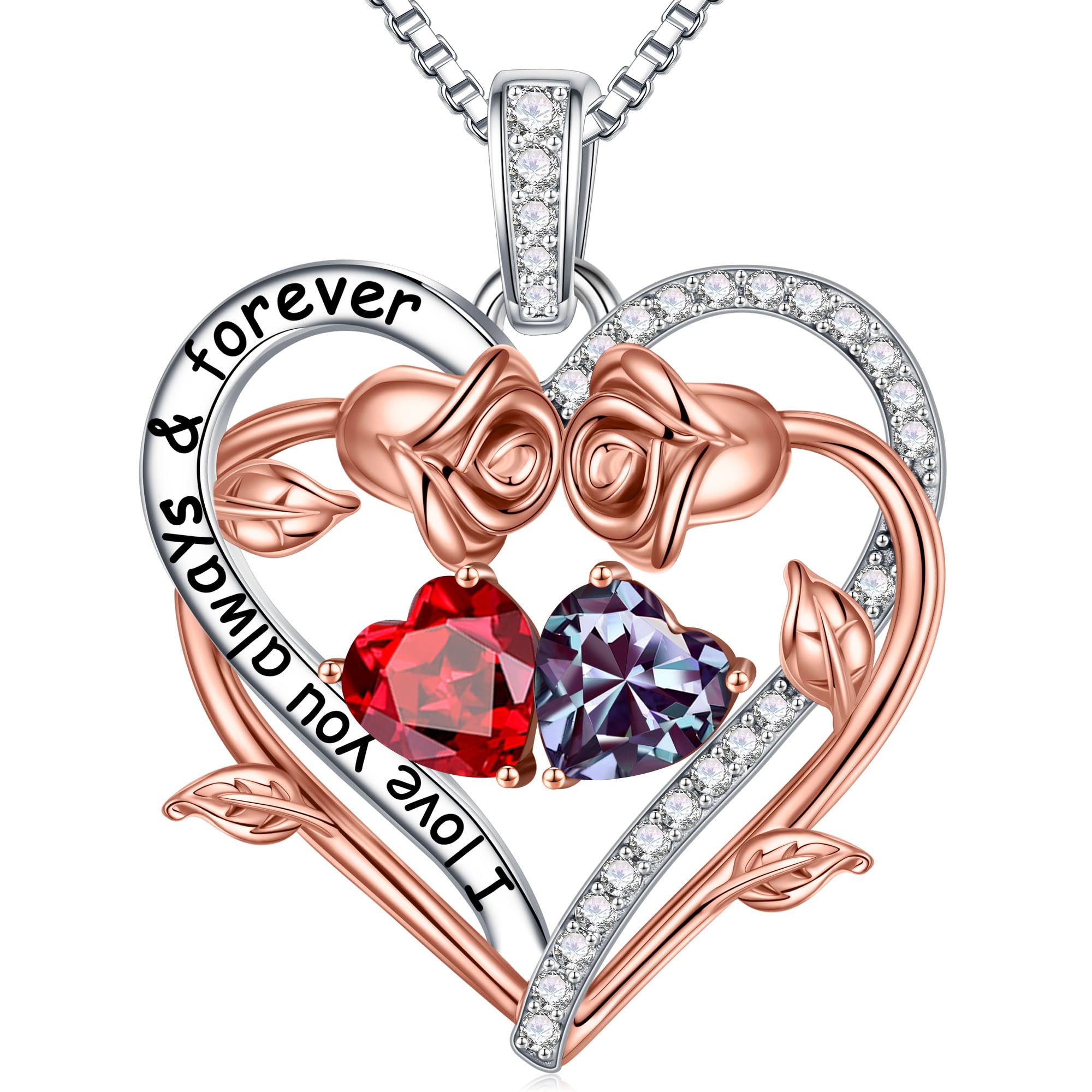 Rose Heart Double Birthstone Necklace for Women - Personalized Gemstone Jewelry Gift for Wife, Girlfriend, Mom, Grandma | Birthday, Anniversary, Valentine's Day Present - Perfect for Romantic Occasions & Special Celebrations