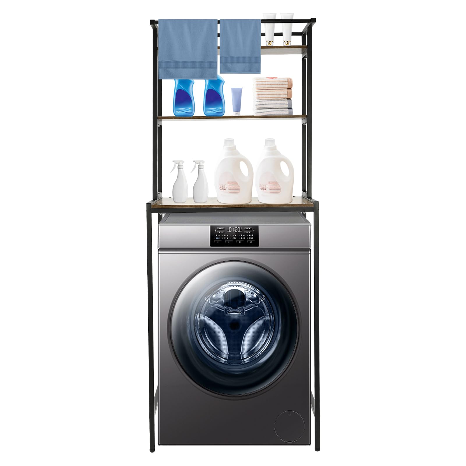 3-Tier Heavy Duty Over The Washer and Dryer Storage Shelf - Space Saving Laundry Room Organizer with Oak Finish | Perfect for Bathroom, Toilet & Utility Room Storage (Black + Oak)
