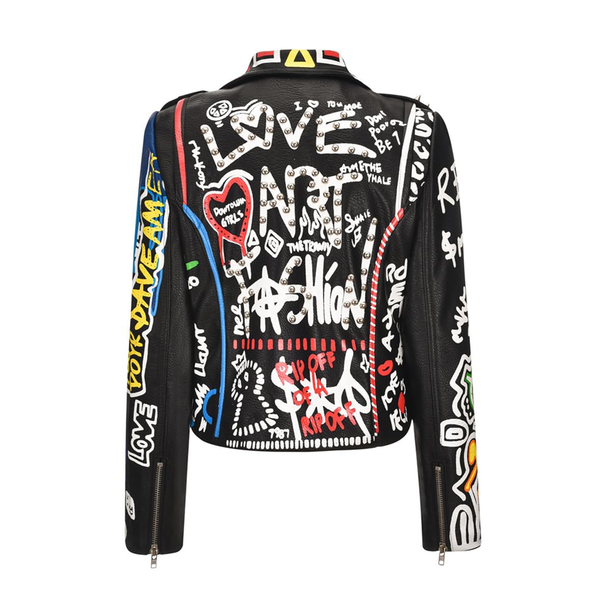 LRX Women's Faux Leather Jacket - Punk Style Cartoon Print Moto Coat with Studded Badge & Graffiti Design | Perfect for Biker, Concert, Halloween & Streetwear Fashion